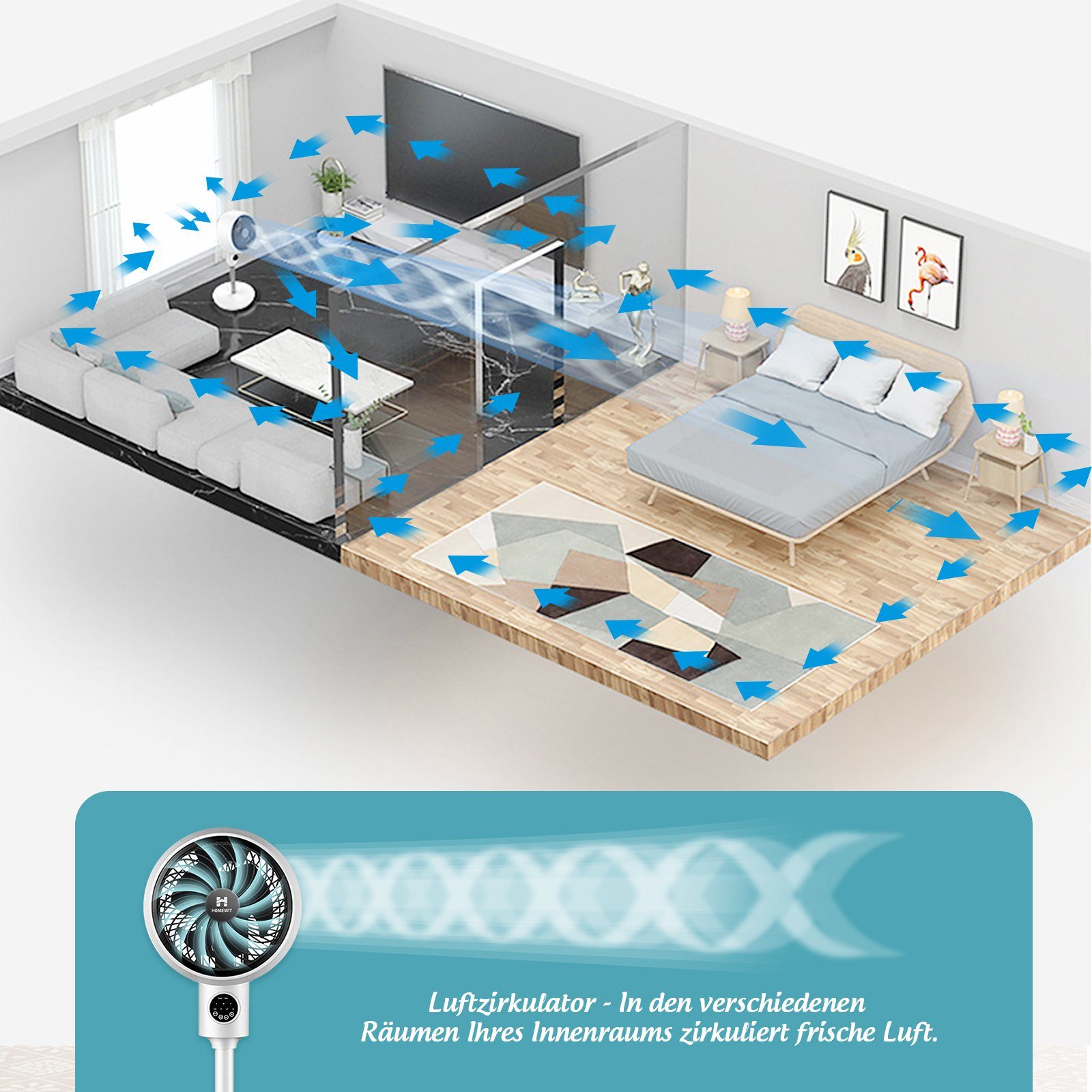 Homewit Turmventilator Standventilator Leise Ventilator mit Fernbedienung Timer-Einstellung, 3D Luftumwälzung für Schlafzimmer Wohnzimmer usw.