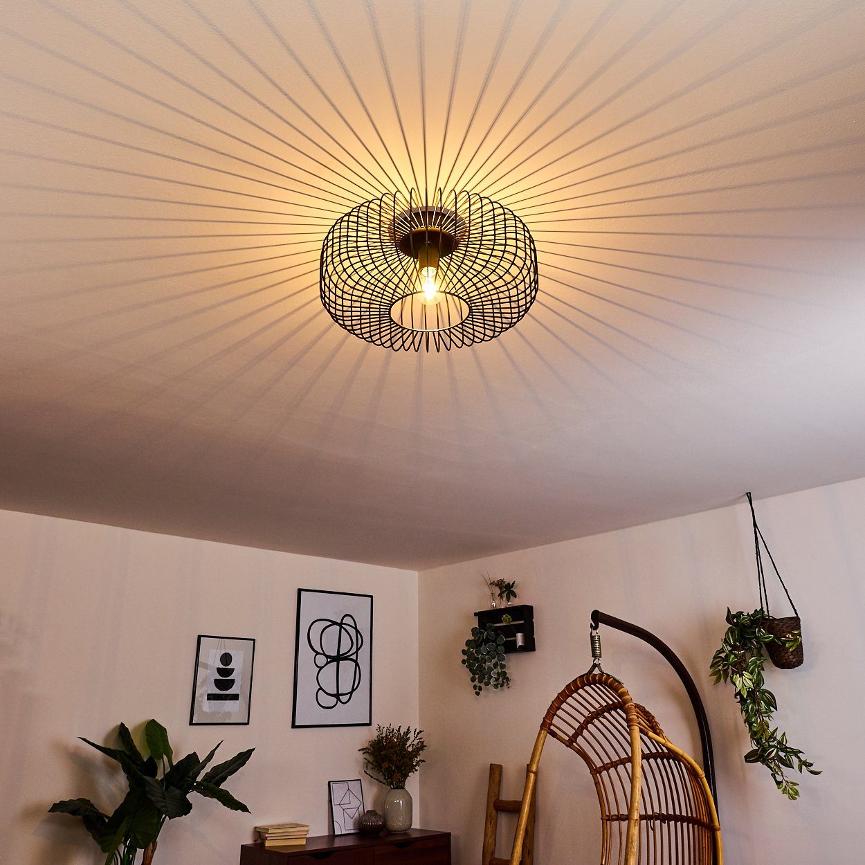 hofstein Deckenleuchte Pieris runde Deckenlampe aus Metall in Schwarz, ohne Leuchtmittel, E27, Retro-Leuchte mit Lichteffekt durch Gitter-Optik