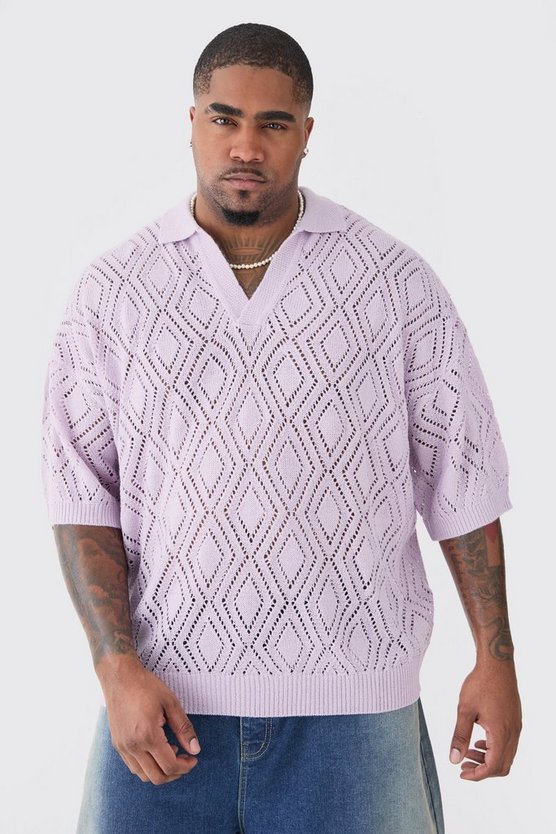 Plus kurzärmliges kastiges Strick-Poloshirt in Lilac
