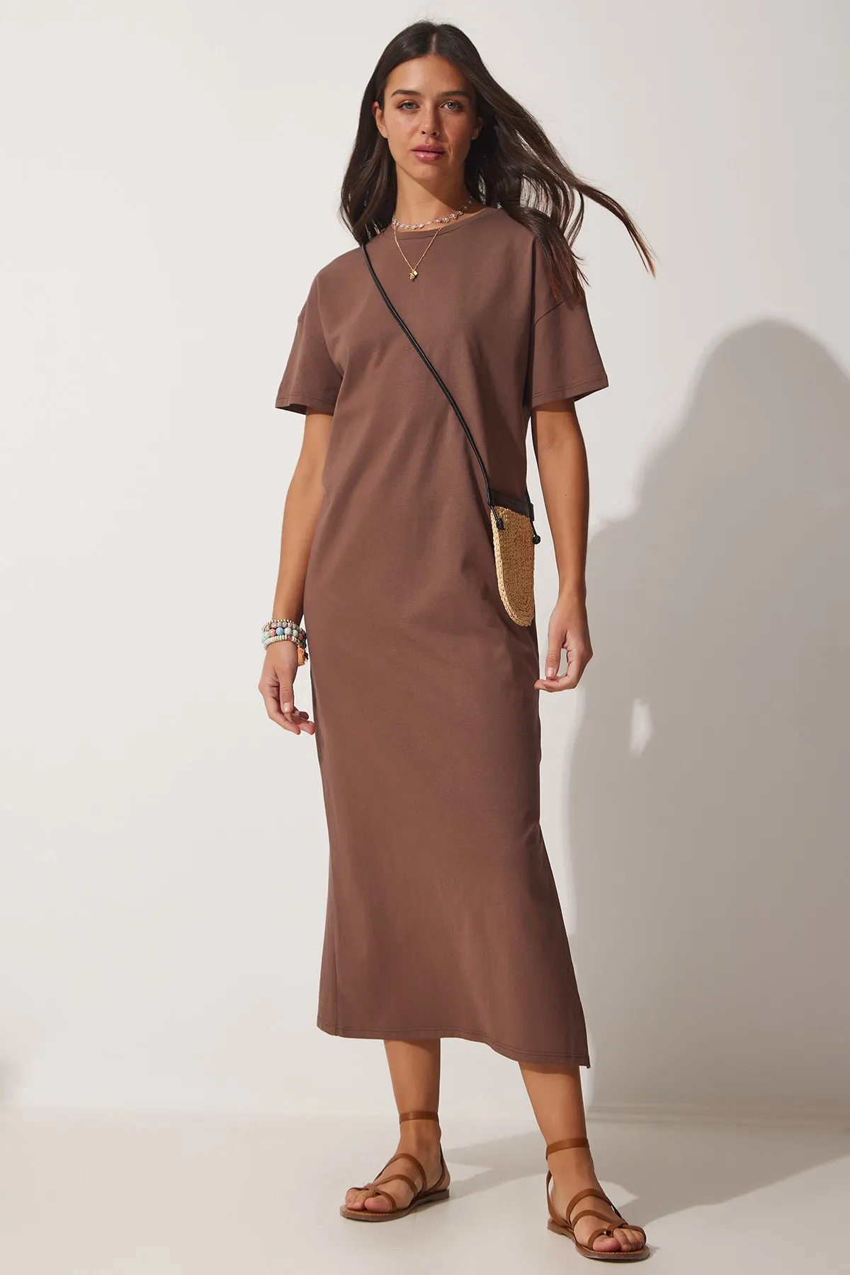 Happiness İstanbul  Damen-Sommerkleid aus gekämmter Baumwolle aus brauner Baumwolle UB00080