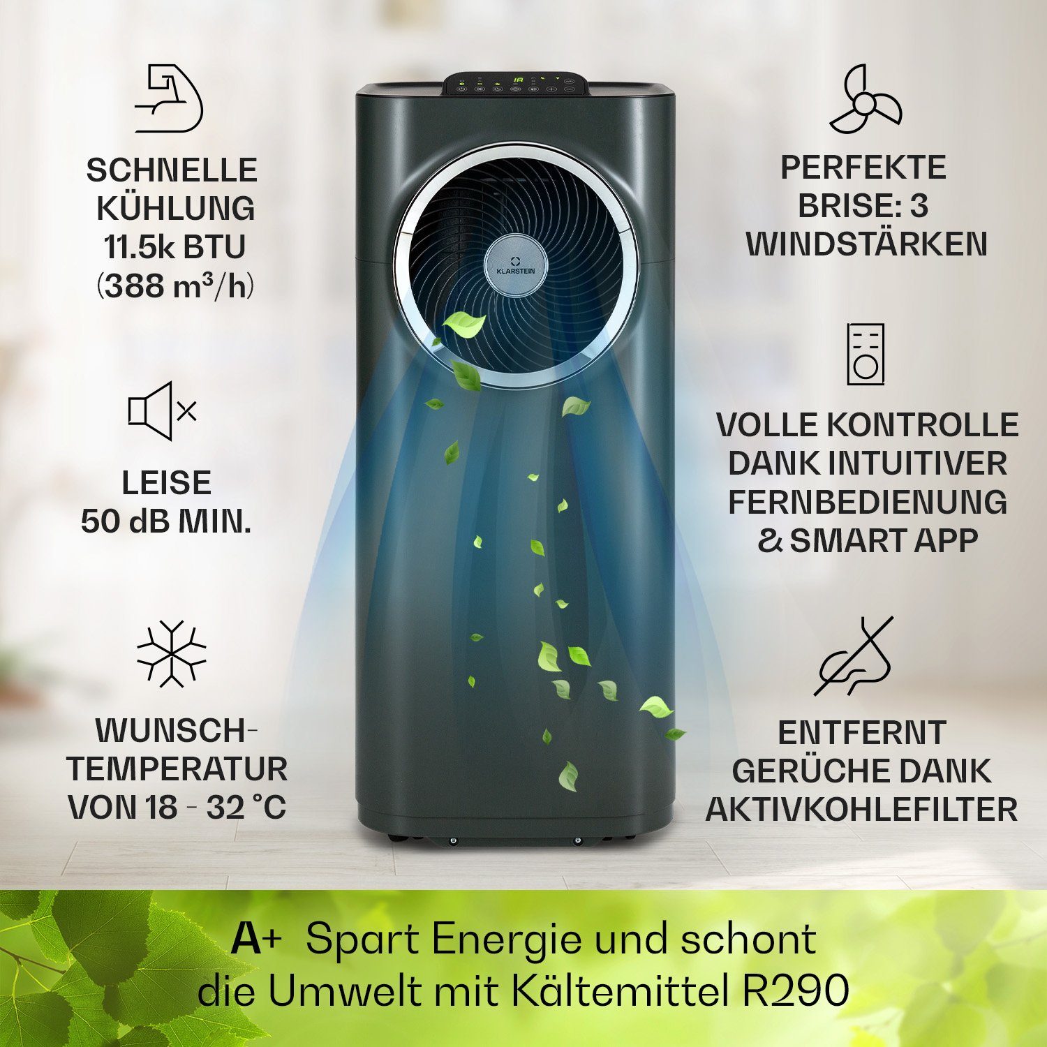 Klarstein Klimagerät Kraftwerk Eco Smart 11, Klimagerät mobil klimaanlage Air Conditioner Kühlgerät Luftkühler