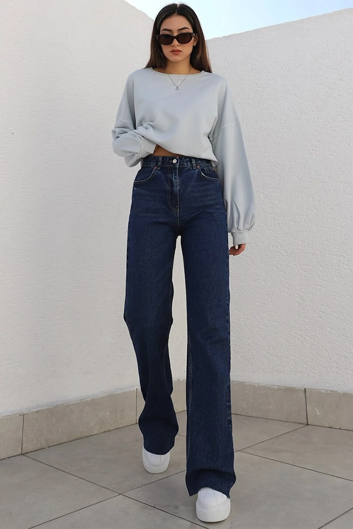 LİMABEL  Cameliaa Marineblaue Damen-Palazzo-Hose aus lockerem Lycra im Stil der 90er mit superhohem, lockerem Bein und lockerem Denim