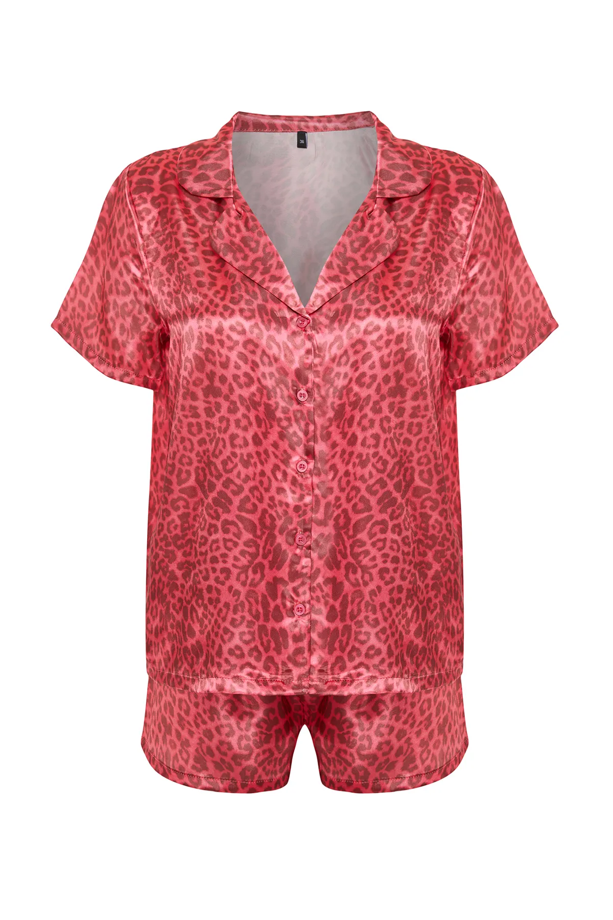 Trendyol Collection  Burgunderrotes, mehrfarbiges, gewebtes Pyjama-Set mit Hemd und Shorts aus Satin mit Leopardenmuster THMSS20PT0158