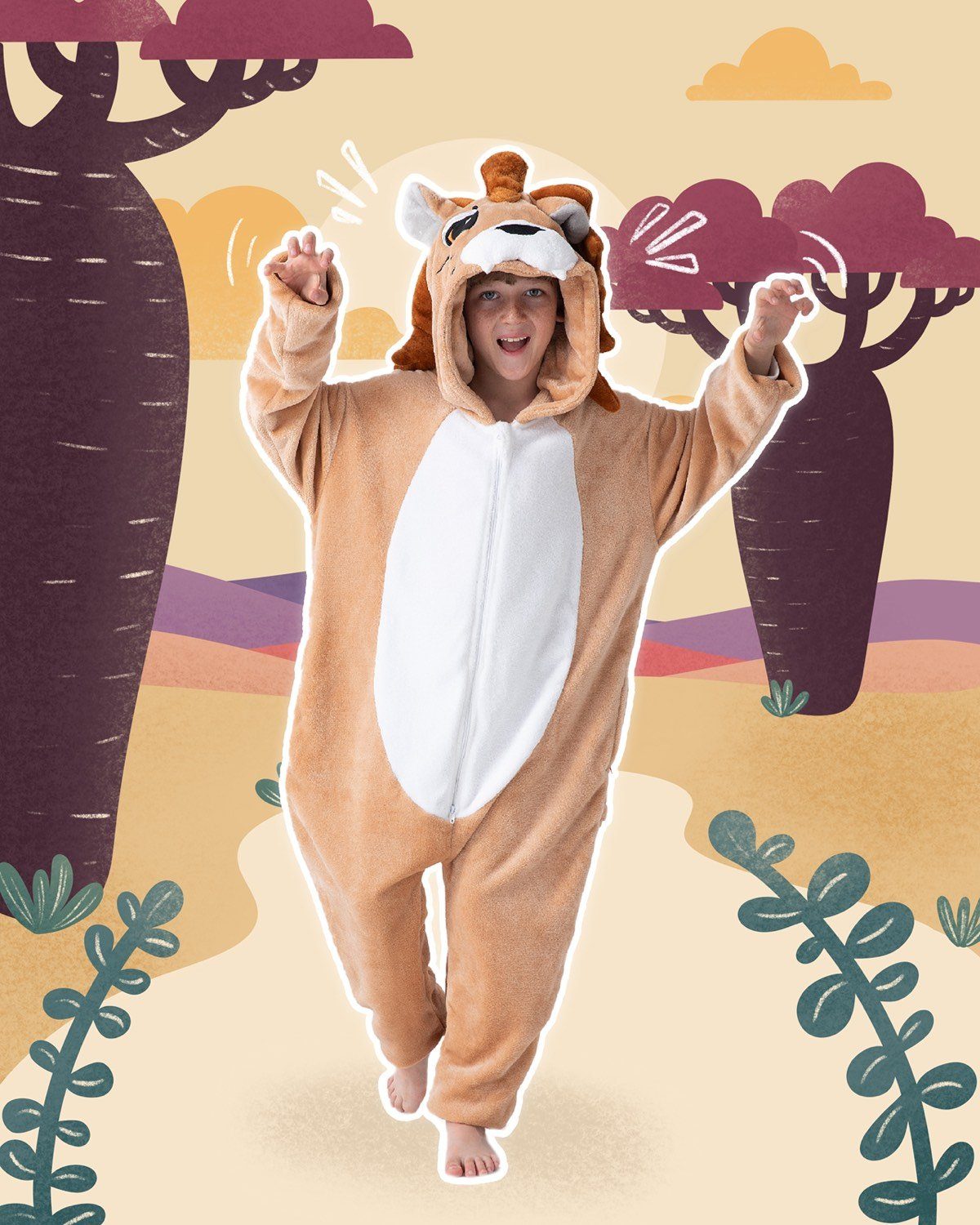 Corimori Jumpsuit Flauschiges Löwen-Kostüm für Kinder (2-tlg) mit Haarreif, Fasching, Mädchen, Jungen, Simba, König der Löwen