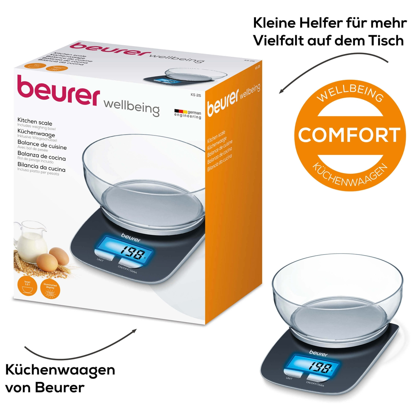 Beurer Küchenwaage - KS 25-Digitale Küchenwaage mit abnehmbarer Schüssel & Displaybeleuchtung
