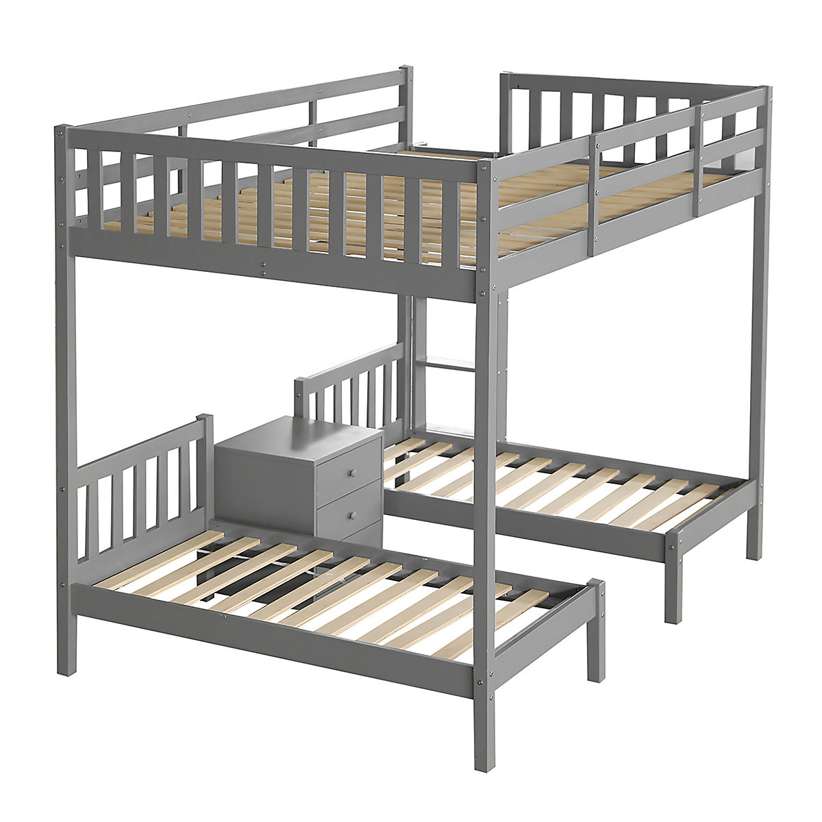 Etagenbett 90x200 Kinderhochbett mit Nachttisch, Dreibett, Massivholz, mit Schrank
