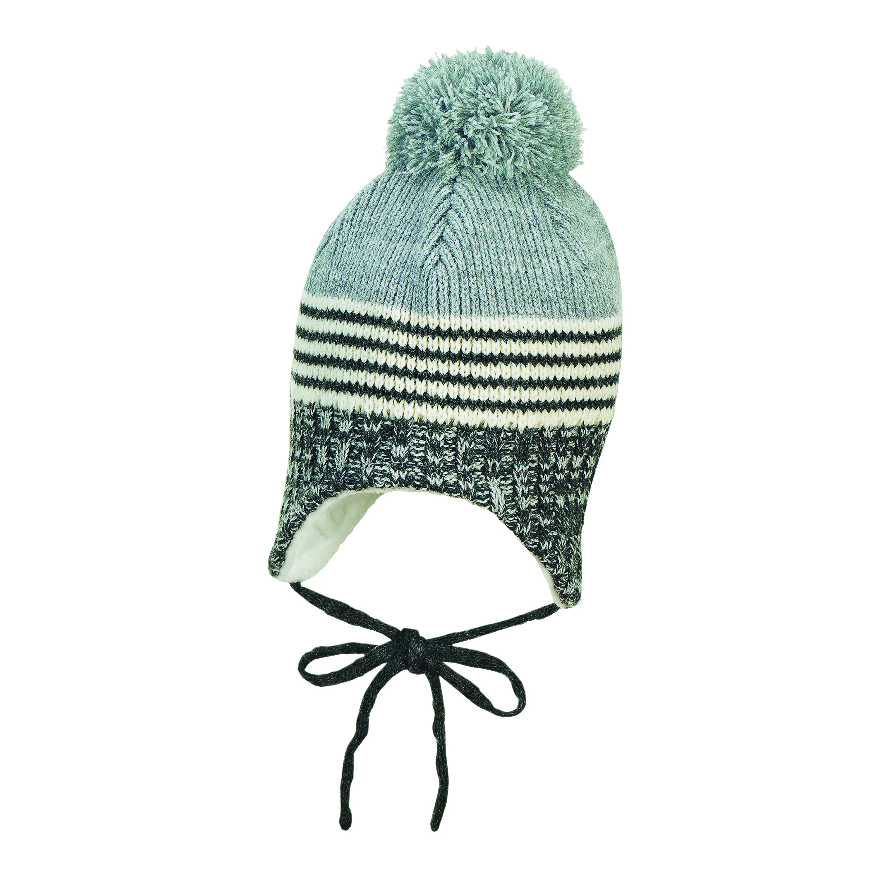 Strickmütze im Mustermix mit Bommel und Bindeband