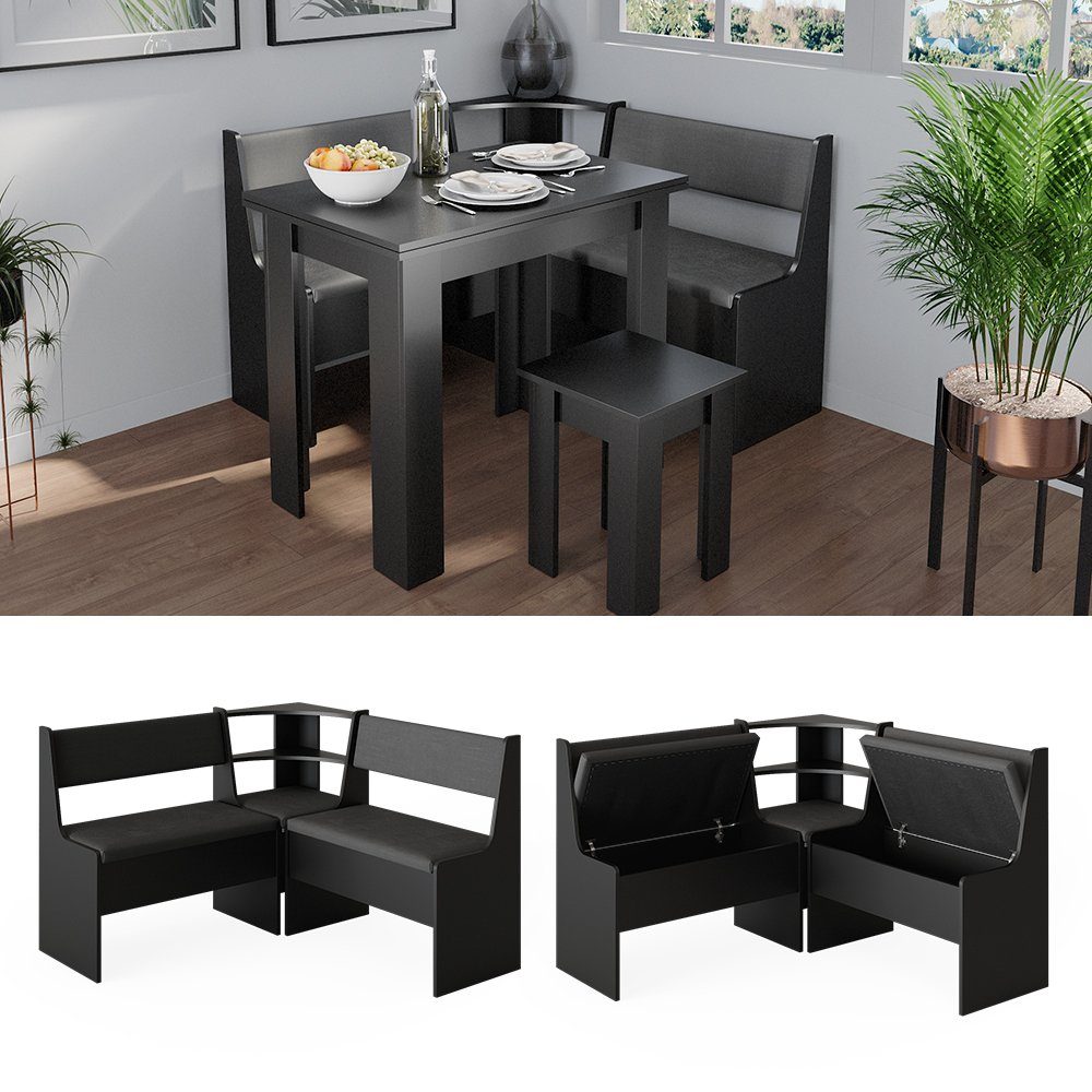 Vicco Sitzgruppe Eckbankgruppe ROMAN Schwarz, (Set, 3-tlg., 2-er Set), Truhenfunktion