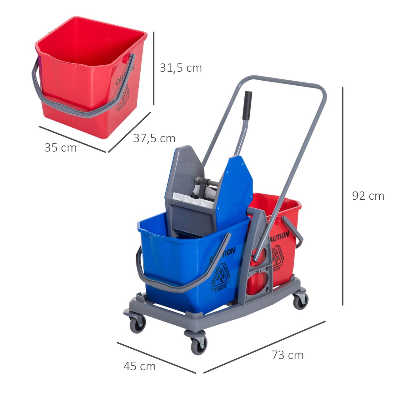 HOMCOM Putzwagen Reinigungswagen Wischwagen mit 2 Eimern Systemwagen mit 4 leichtgängigen Rollen Metall PP Blau Rot 73 × 45 × 92 cm