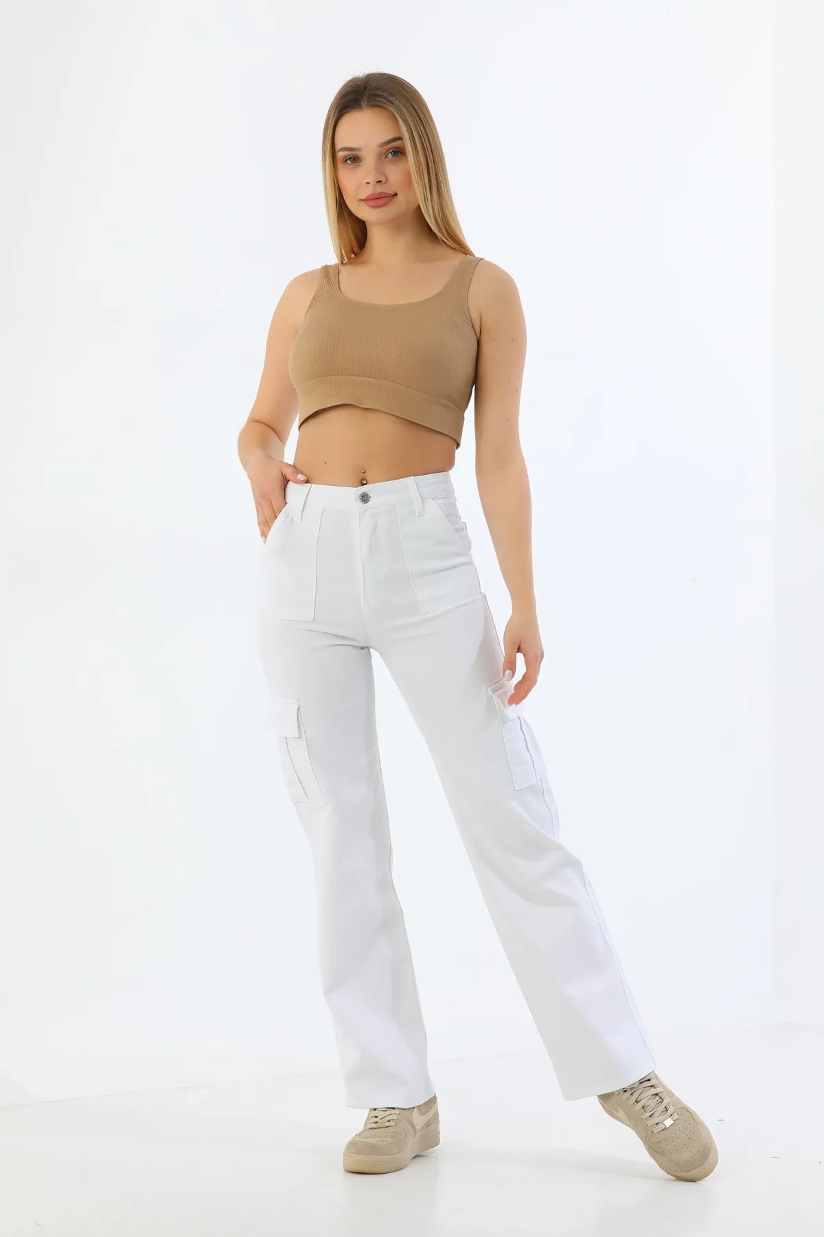 BİKELİFE  Weiße Cargo-Hose aus Lycra mit hoher Taille und weitem Bein und Tasche