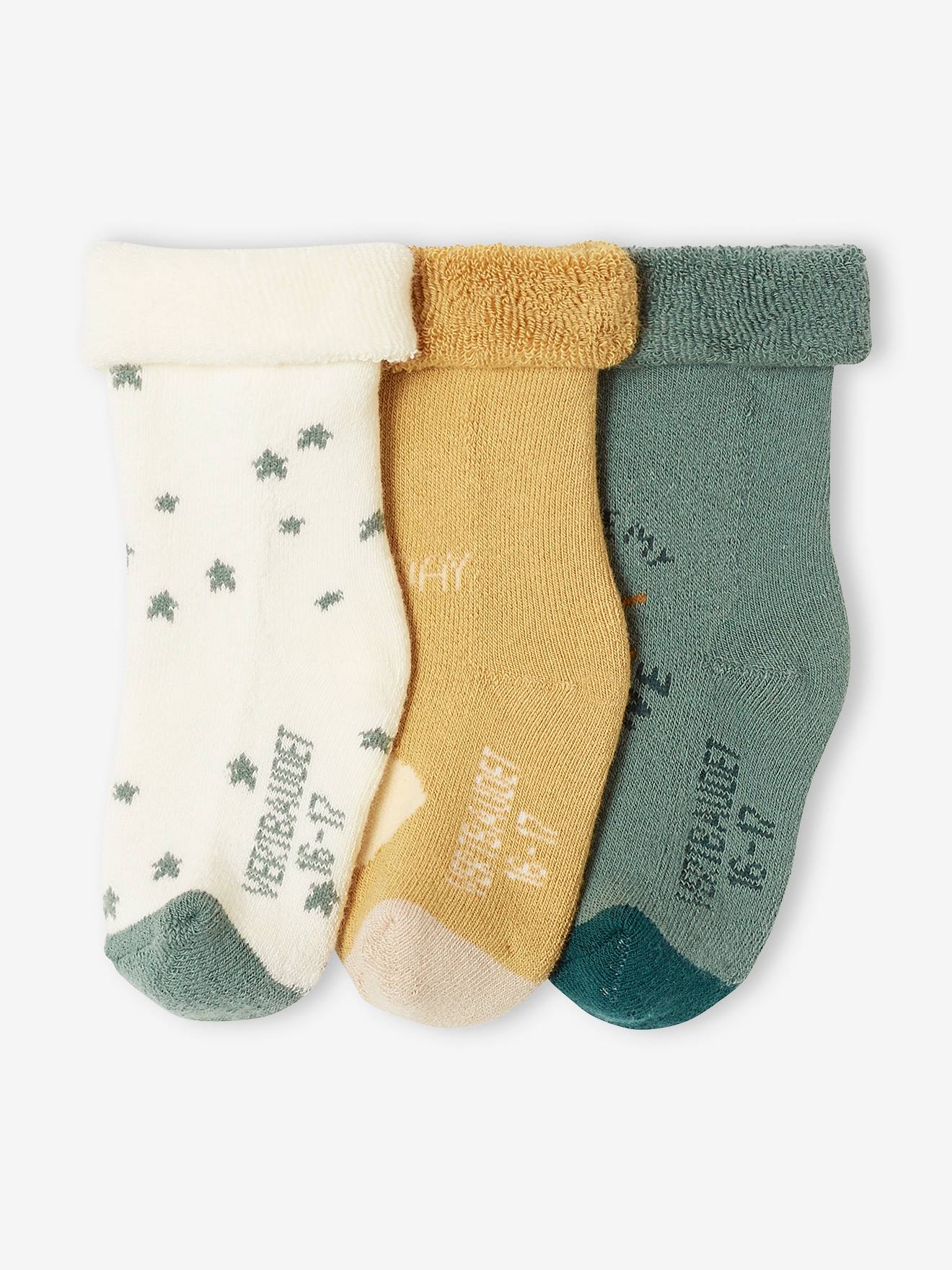 Lot de 3 paires de chaussettes étoiles, nuage et soleil bébé vert sauge