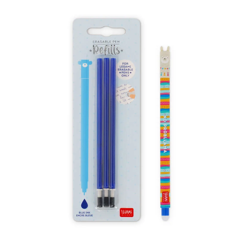 Juego de bolígrafos borrables con diseño de llama y recambio azul.