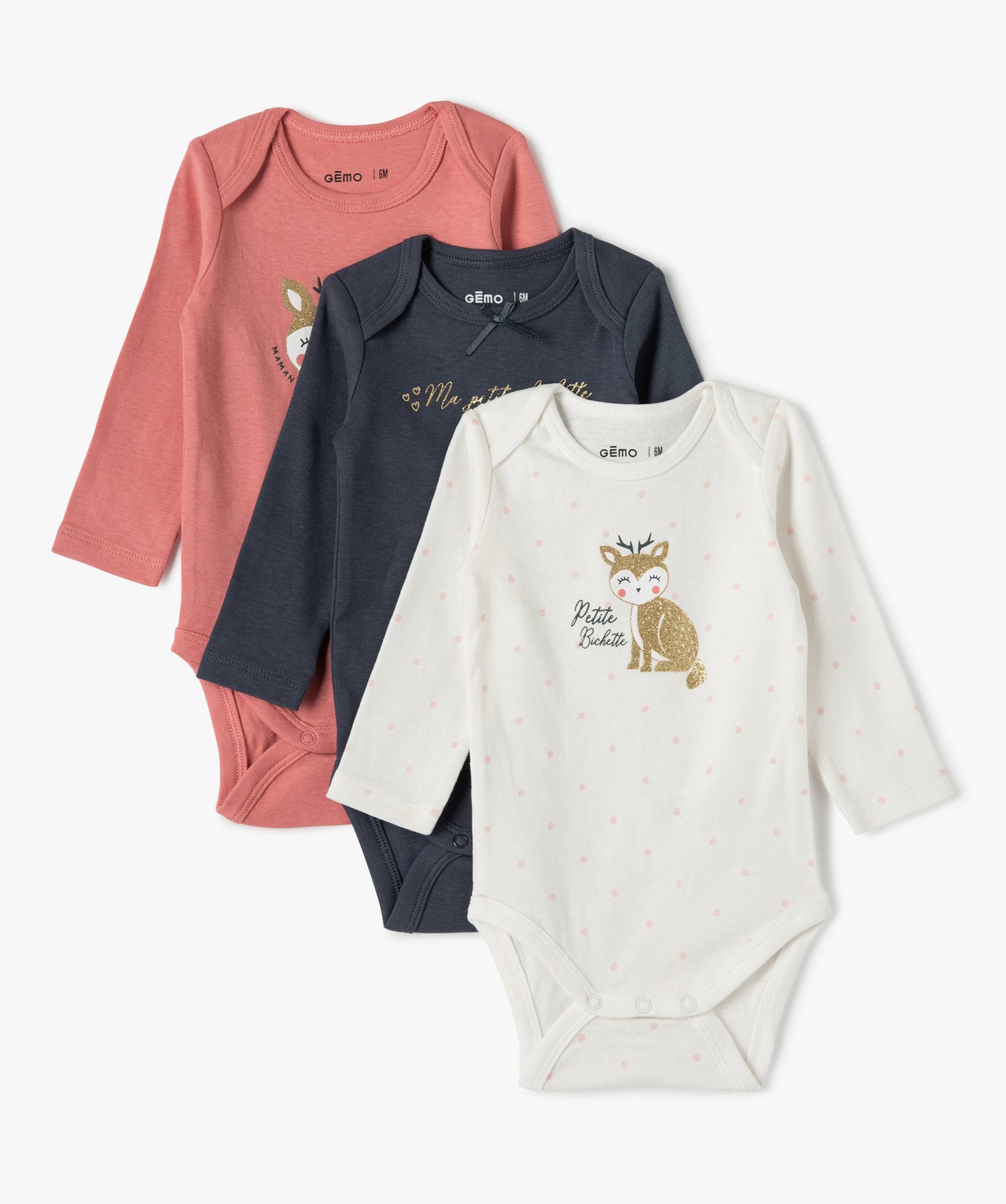 Body bébé fille manches longues avec motif biche (lot de 3) multicolore | GEMO