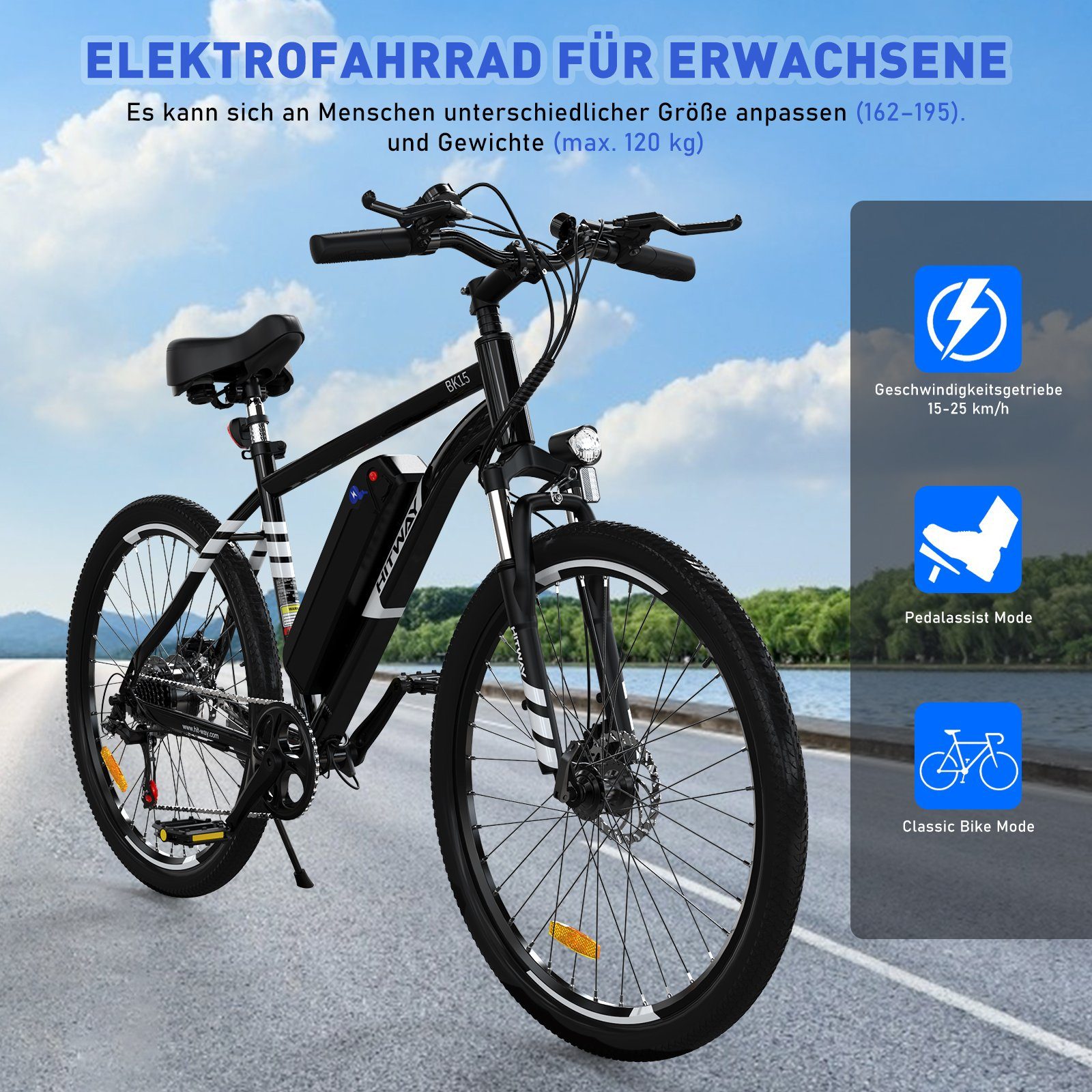 HITWAY E-Bike 26 Zoll, 36V 12 Ah Elektrofahrrad, Shimano 7 Gänge,Herren