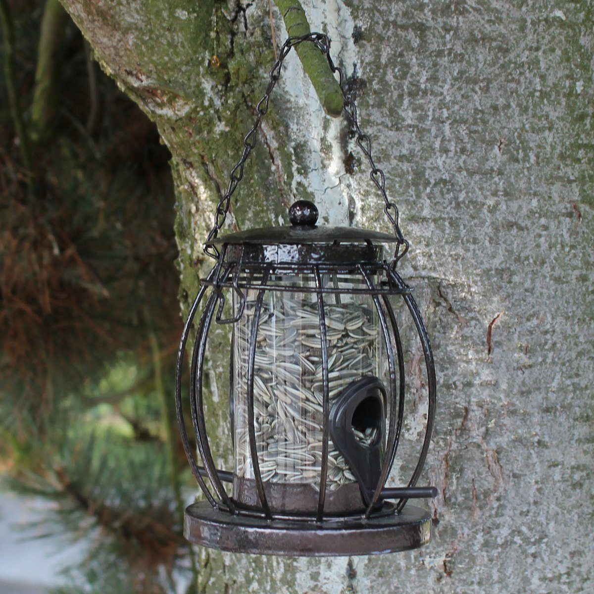 colourliving Futterspender Robuste Metall-Vogelfutterstation zum hängen Futtersäule für Vögel, Hammerschlag optik, 2 Anflug-Futterstangen, Futter ist überdacht