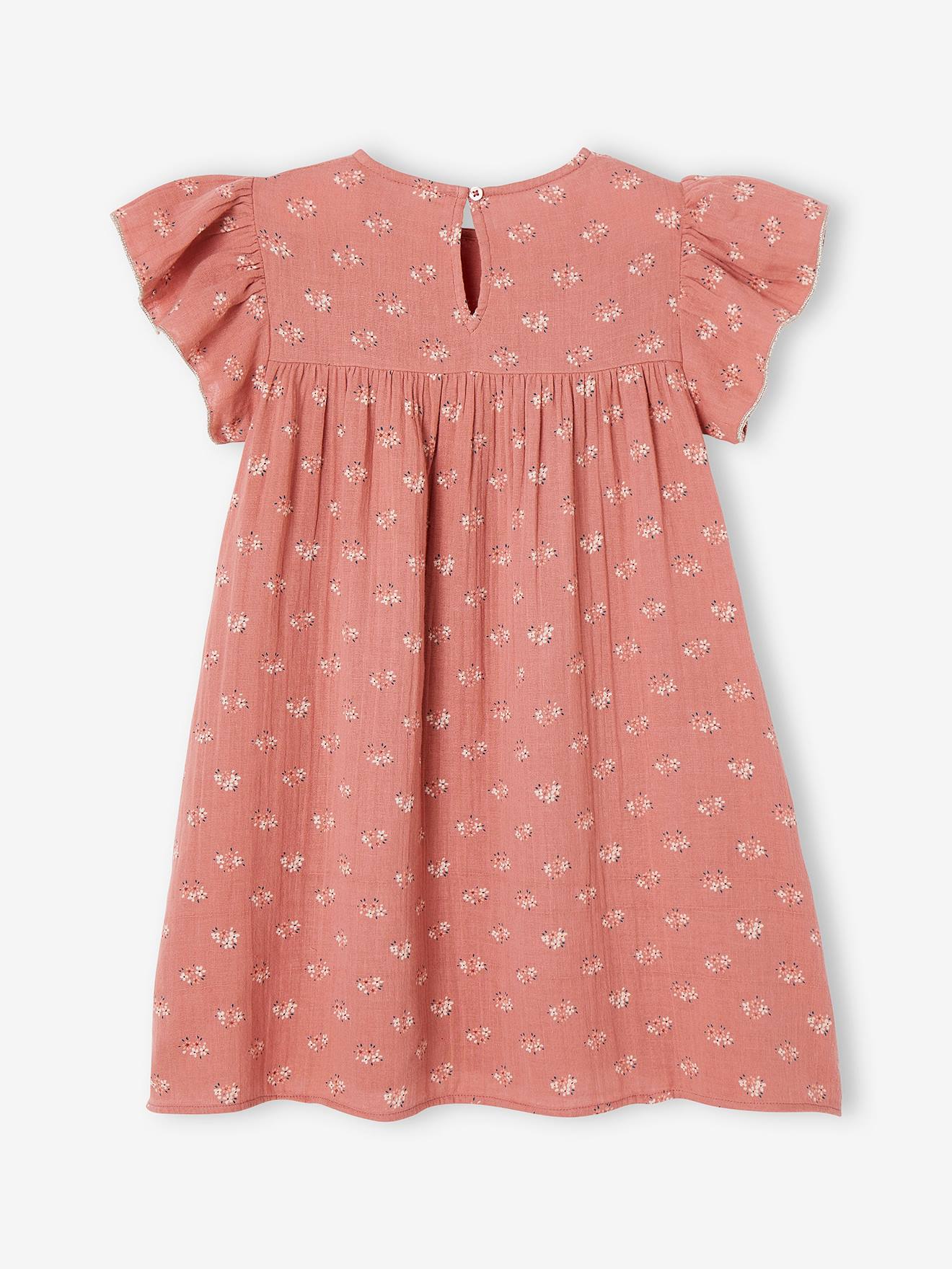 Robe fille en gaze de coton imprimée manches papillon tomette