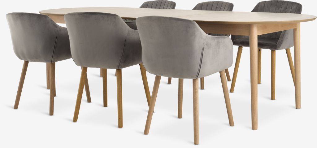 MARSTRAND ADSLEV MARSTRAND L200/280 Eichentisch 4 ADSLEV Stuhl grauer Samt