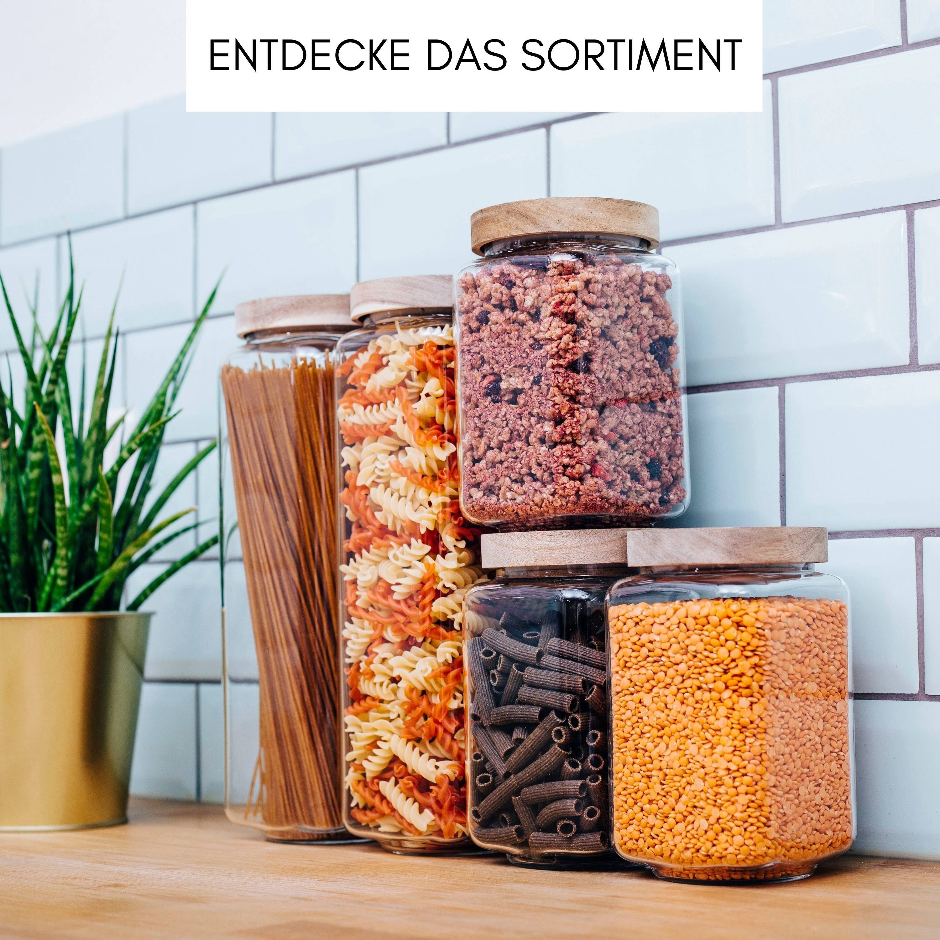Econovo Vorratsglas eckig, (Set, 3-tlg., stapelbar & luftdicht), eckige Vorratsdosen aus Glas mit Deckel für Lebensmittel & Gewürze