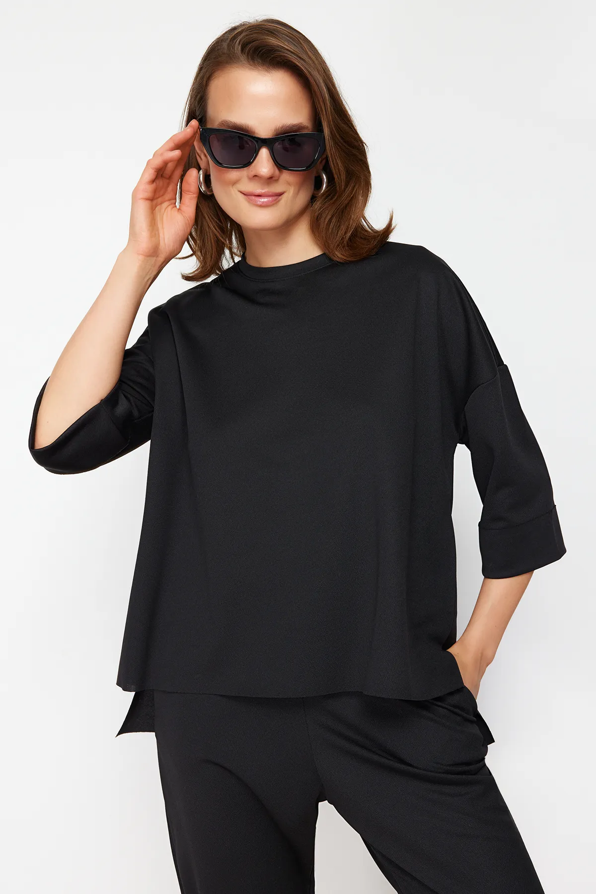 Trendyol Collection  Schwarzes, gestricktes Unter-Oberteil-Set in Übergröße/weiter Passform