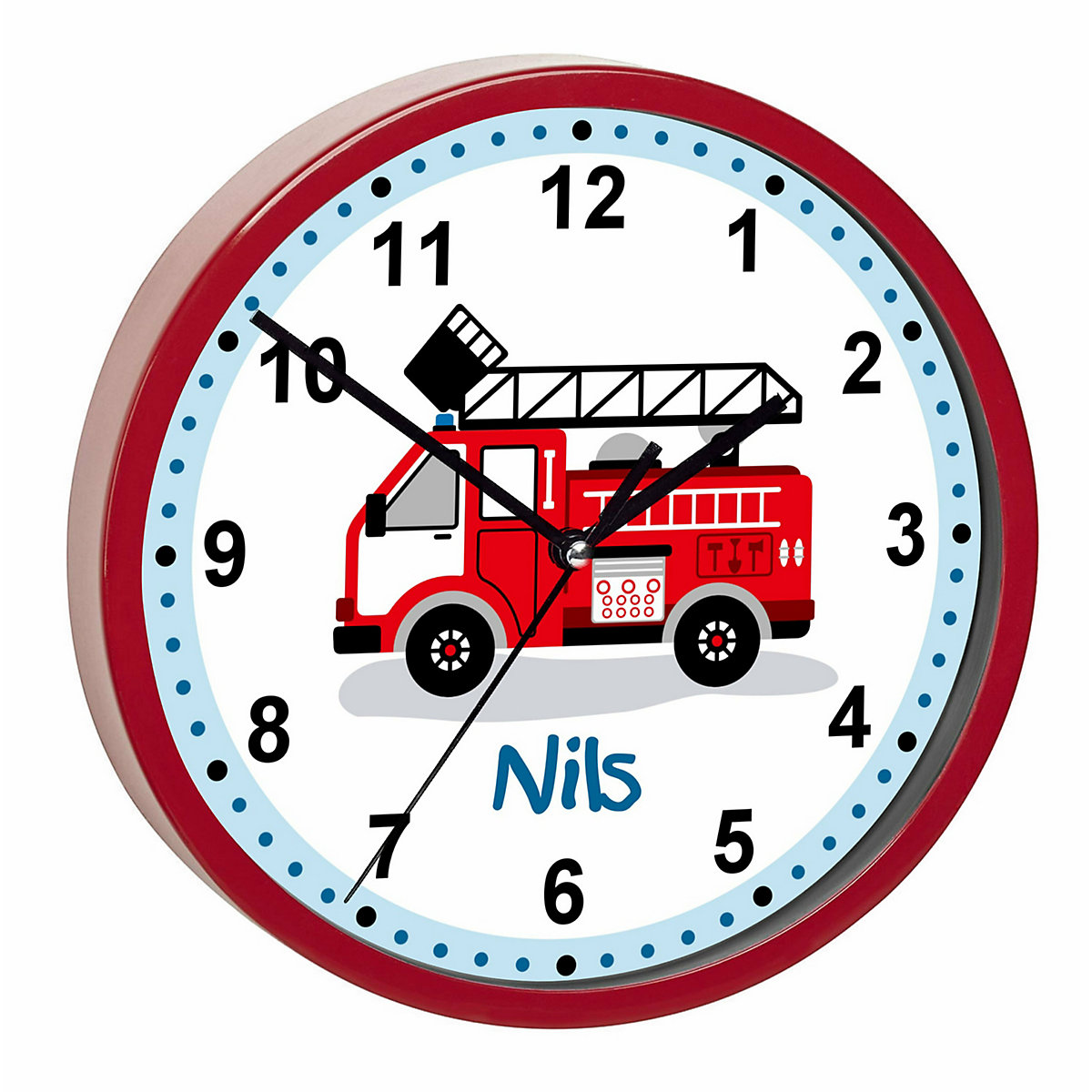 Kinder Wanduhr laufruhig personalisiert mit Name Feuerwehr Drehleiter