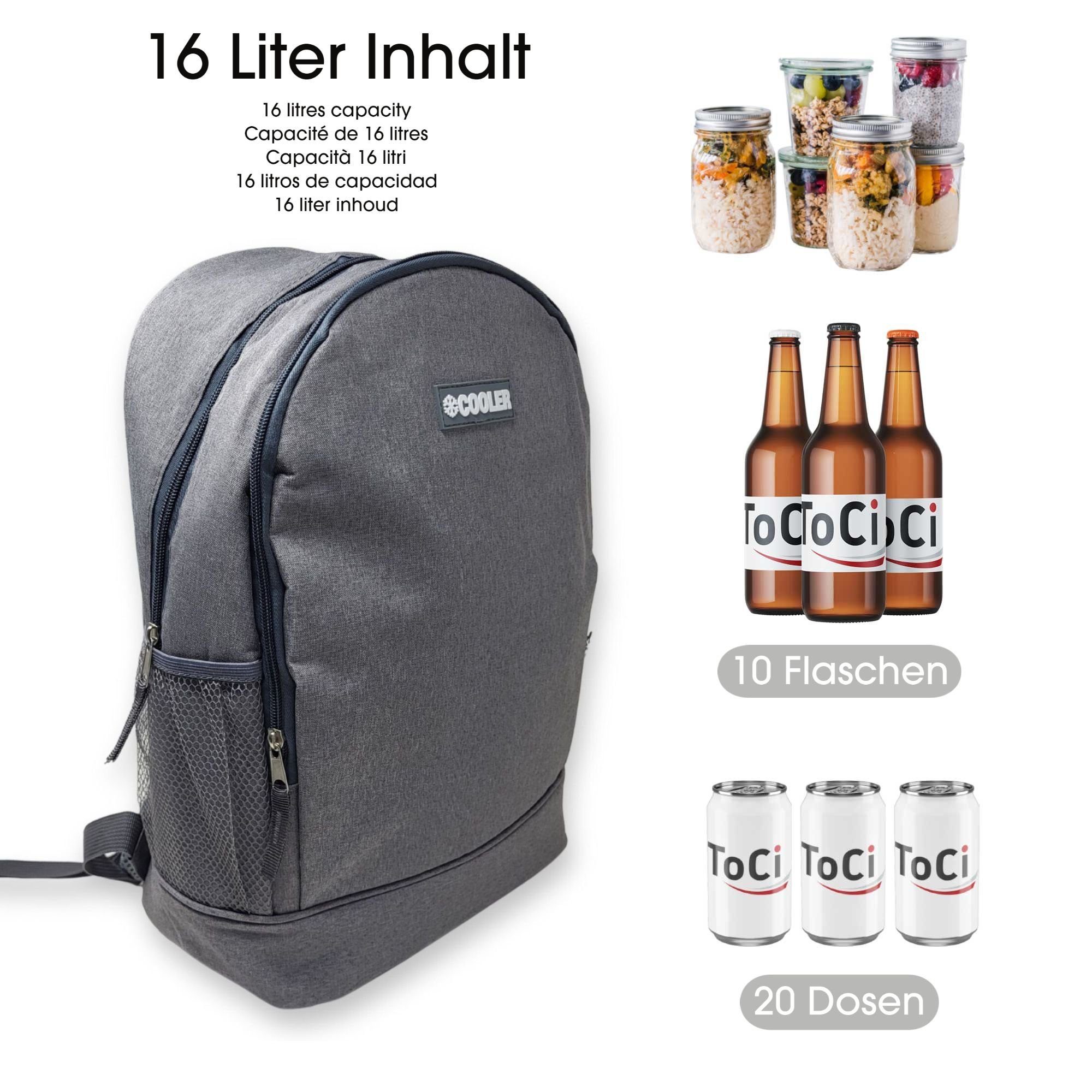 ToCi Kühltasche Kühlrucksack 16L Kühltasche Rucksack Isoliert Thermo Kühlbox Dunkel