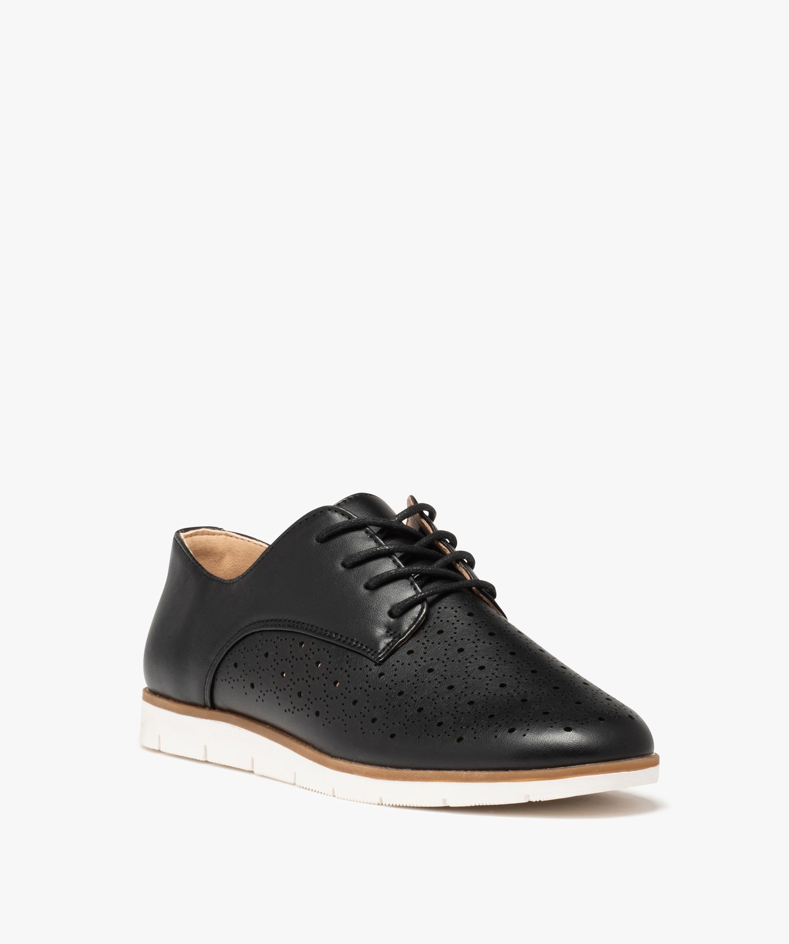 Derbies femme à talon plat et dessus perforé noir | GEMO