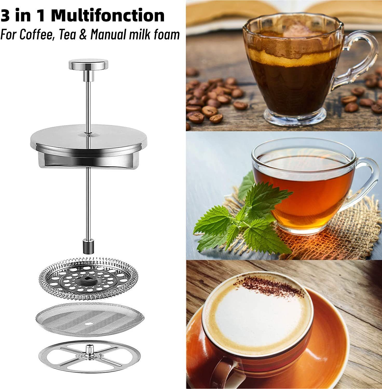 OZAVO Kaffeebereiter OZ230, 6 Edelstahl-Filter Φ9.5cm, Kaffeekanne, 1L Doppelwandig French Press System, Doppelwandig Edelstahl Kaffepresse