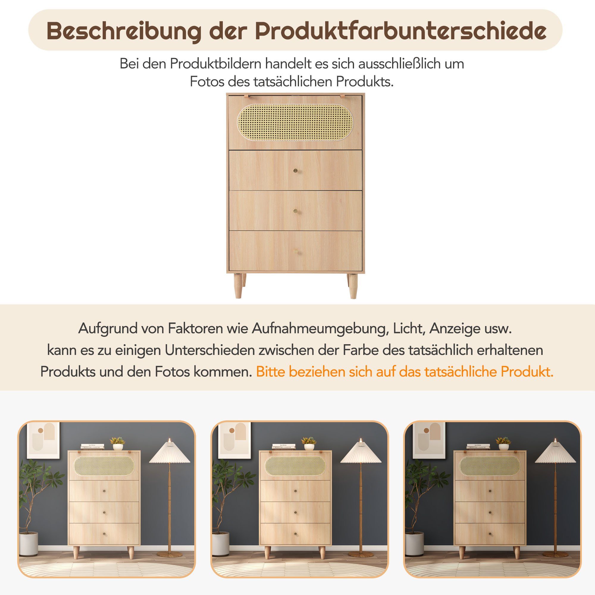 Merax Highboard, mit Rattantür und 3 Schubladen, Sideboard, Kommode, 120cm Hoch