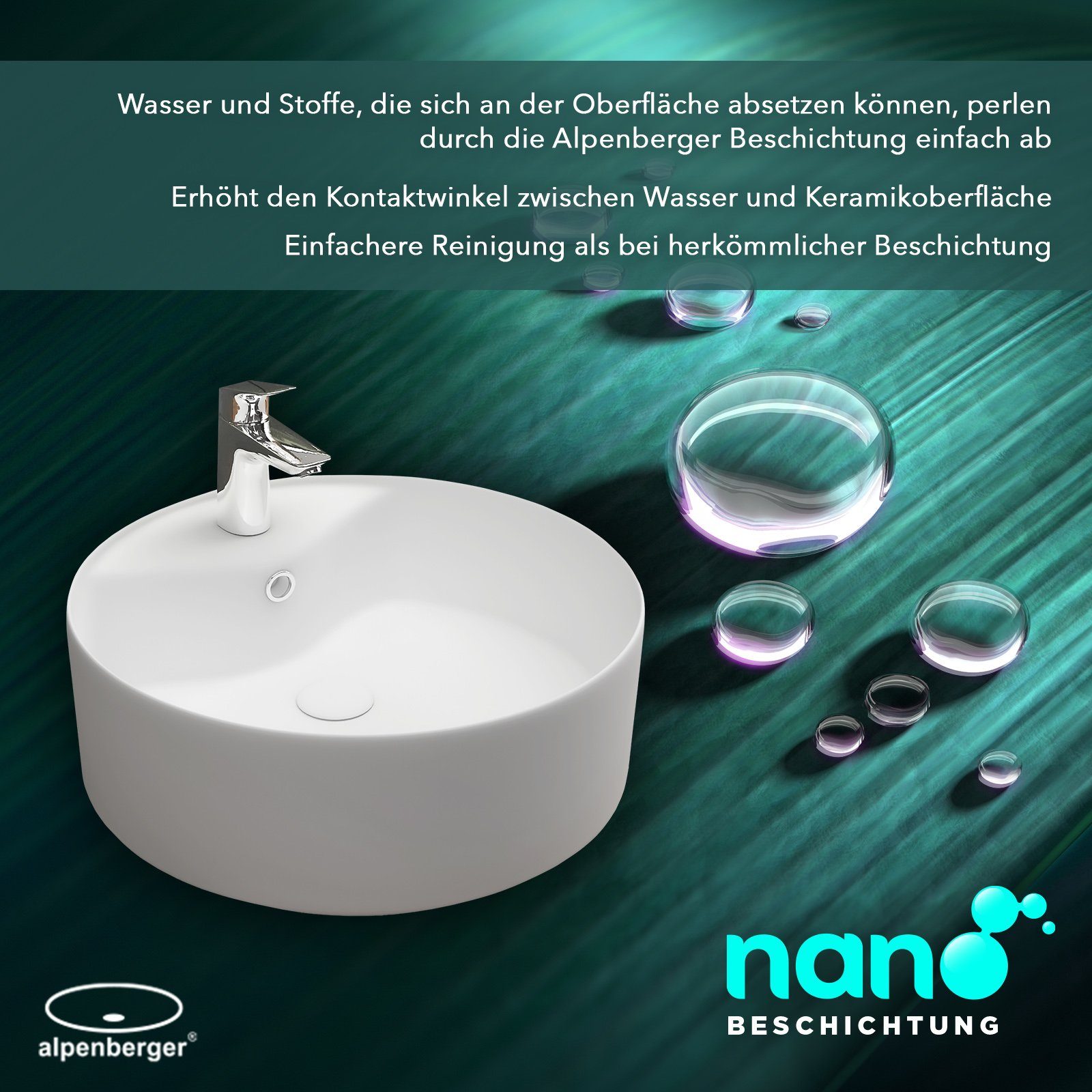 Alpenberger Aufsatzwaschbecken Klein - Waschbecken Rund 40 cm Ø - Keramik Waschschale mit Überlauf (1-tlg., 1-St., Handwaschbecken), Aufsetzbare Washbasin pflegeleicht & hygienisch mit Lotuseffekt