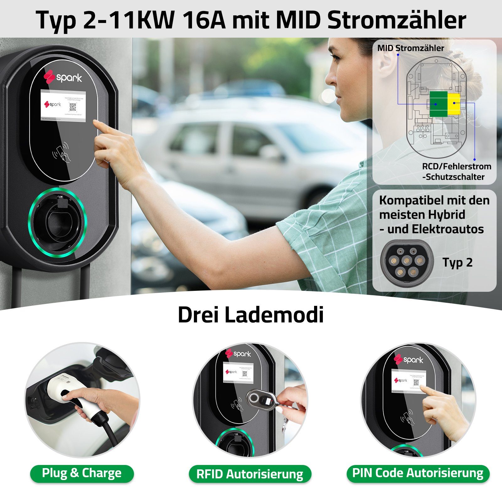 Spark stationäre Elektroauto-Ladestation (KfW) 11KW Wallbox - 5M Kabel -RFID-MID-FI-Schutz-Touchscreen-4G-WIFI, 11,00kW / 16A, 3-phasig, IP65, für Innen- und Außenbereich (Garage, Carport)