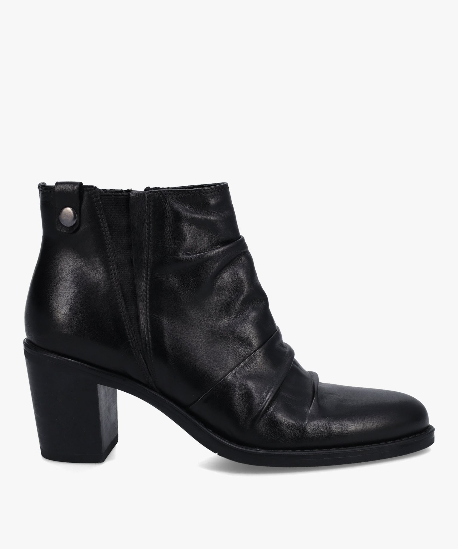 Boots femme à talon dessus en cuir drapé uni noir | GEMO
