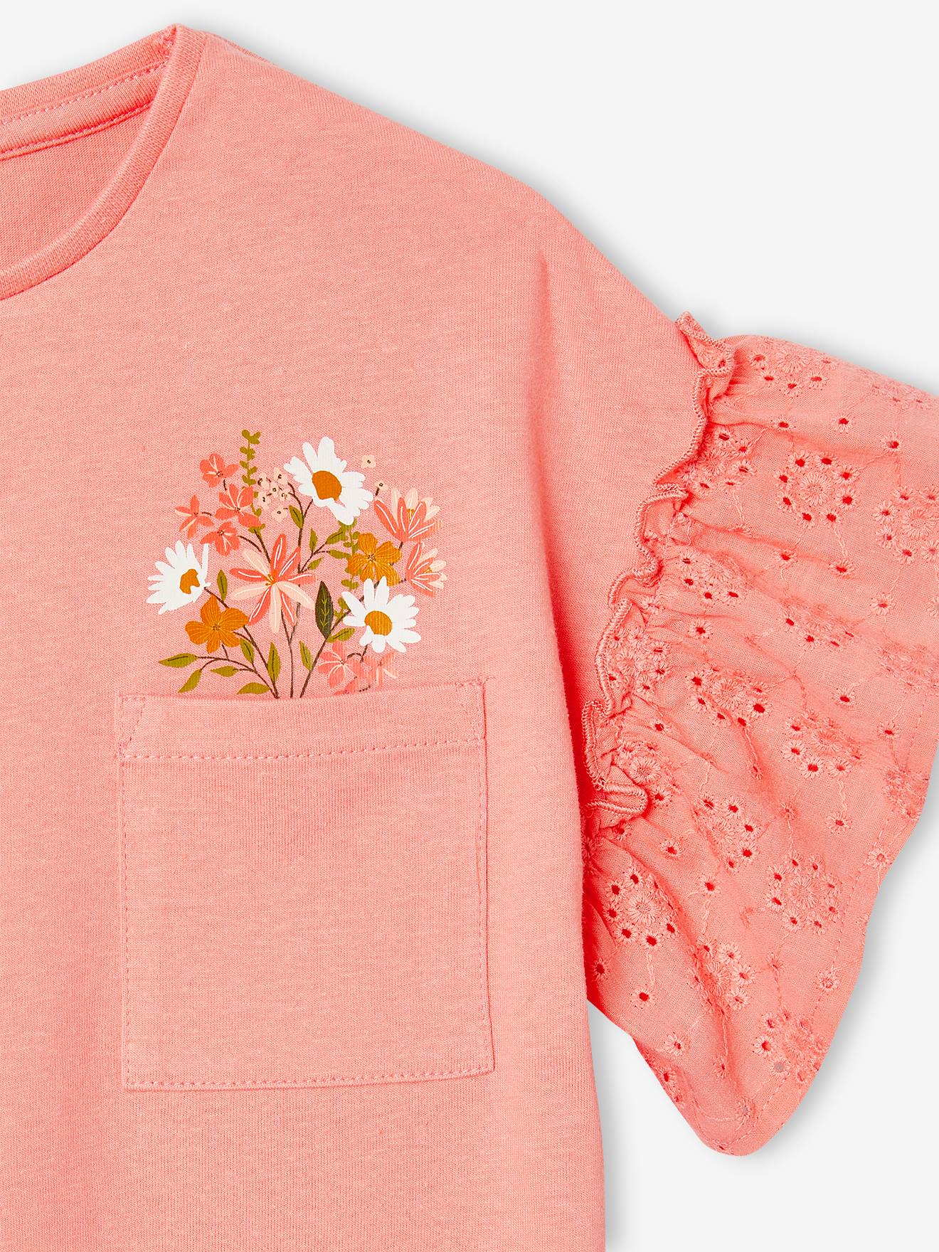 Vertbaudet Mädchen T-Shirt, Volantärmel mit Lochstickerei - pfirsich