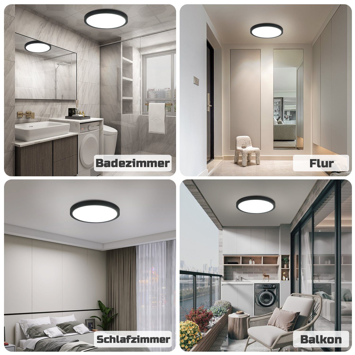 ZMH LED Deckenleuchte ∅22cm IP44 Wasserdicht einfache Selbstmontage mit Aufbauanleitung, nicht dimmbar, 3000K//4000K//6500K, Schwarz, 6500K