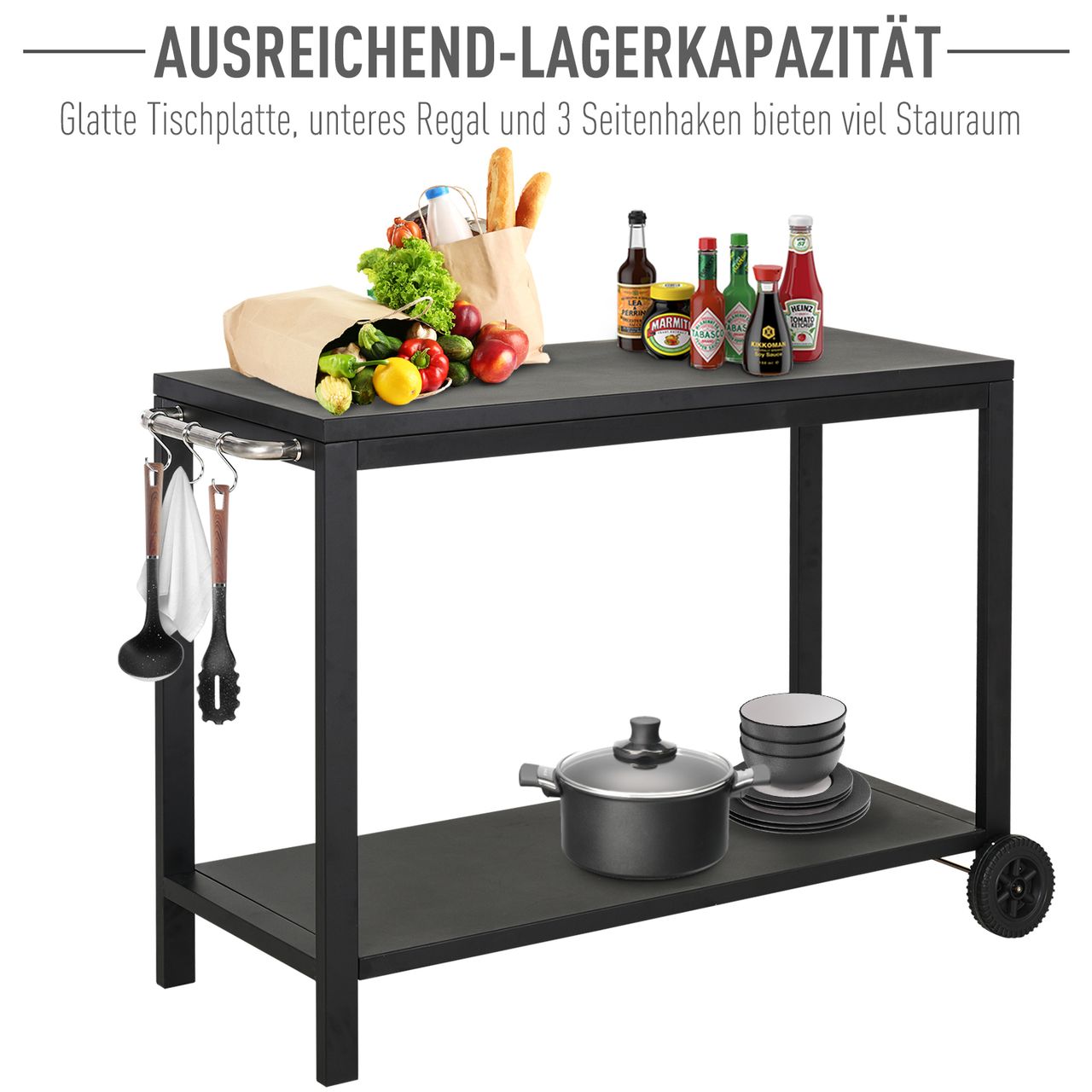 HOMCOM Küchenwagen mit Rollen, Servierwagen, Rollwagen mit Haken und Edelstahlgriffe, Küchentrolley, Schwarz, 128 x 46,5 x 86,5 cm