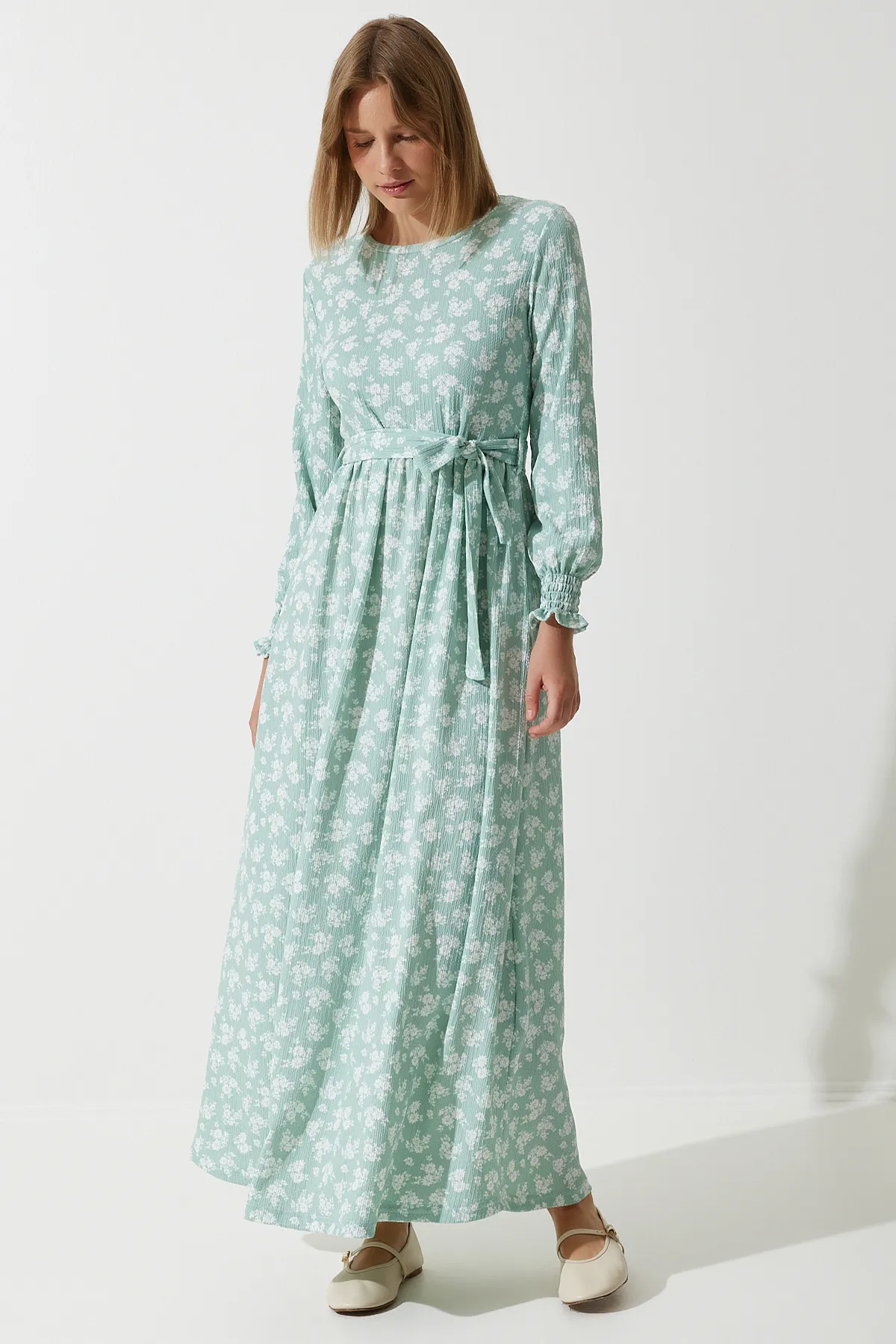 Happiness İstanbul  Wassergrünes, florales, langes Strickkleid für Damen DD01322
