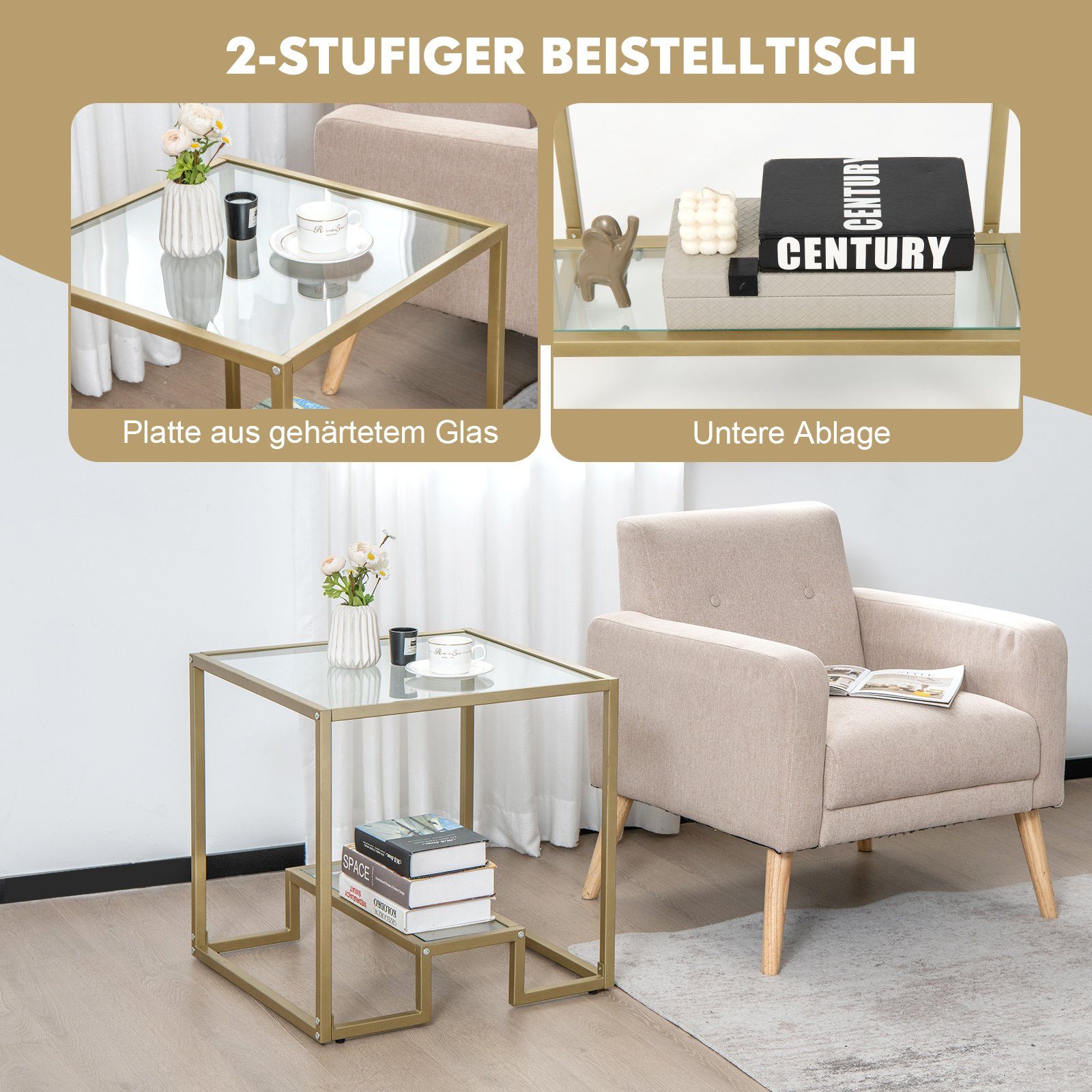 COSTWAY Beistelltisch, Tischplatte aus Glas, Metallrahmen, gold, 56x56x56,5cm