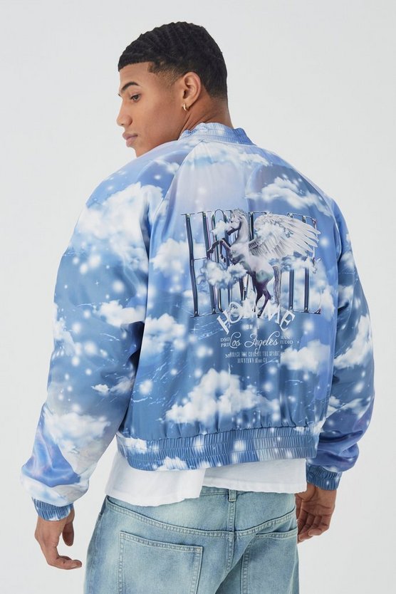 Kastige Satin-Bomberjacke mit Wolken-Print und Stickerei