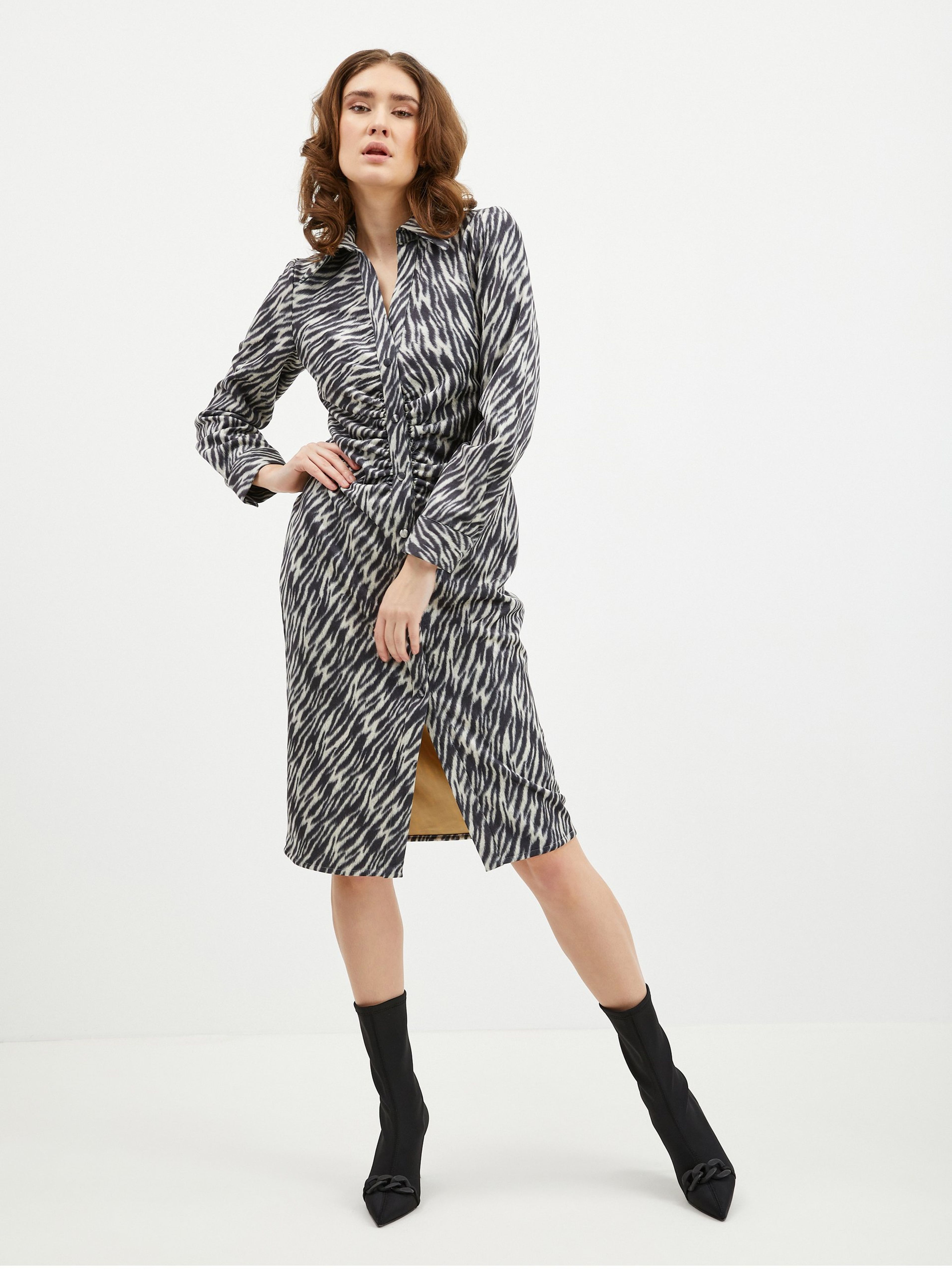 Beige-schwarz gemustertes Hemdblusenkleid für Damen Wildleder ORSAY