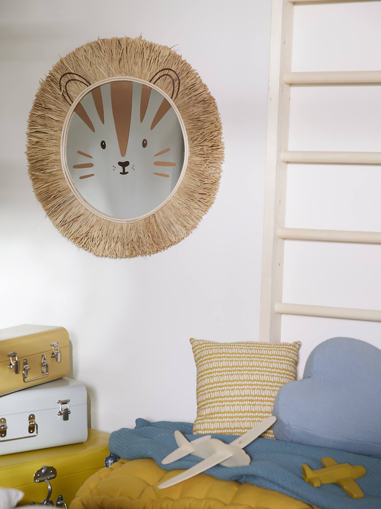 Vertbaudet Kinderzimmer XL Spiegel LÖWE aus Naturbast und Rattan - braun
