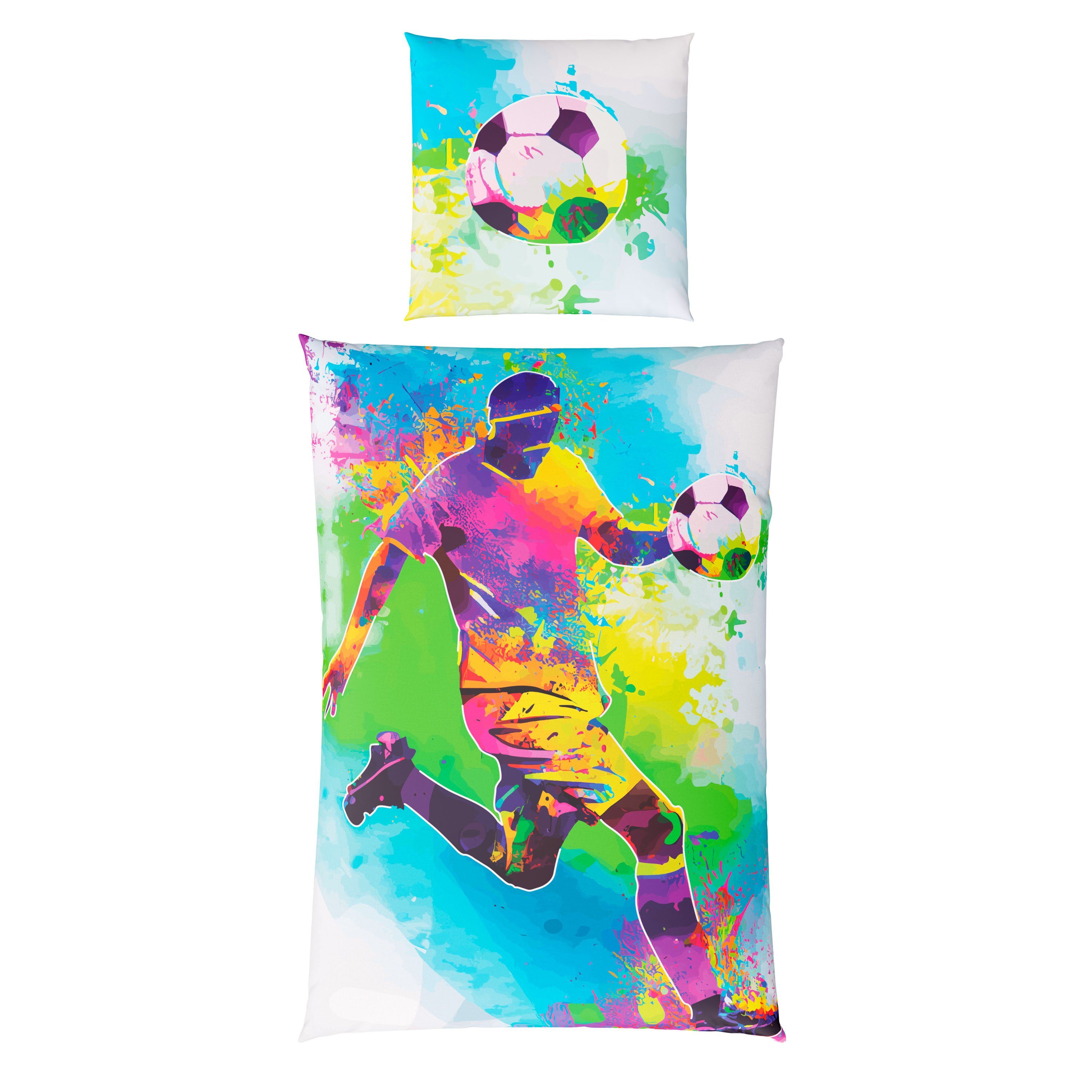 Kinderbettwäsche Leuchtende Fußball Bettwäsche 135x200 Kinder Bettbezug Set + 10 SPIELE, Carpe Sonno, Baumwolle, 2 teilig, GLOW IN THE DARK Fußballer Bettwäsche Fussball