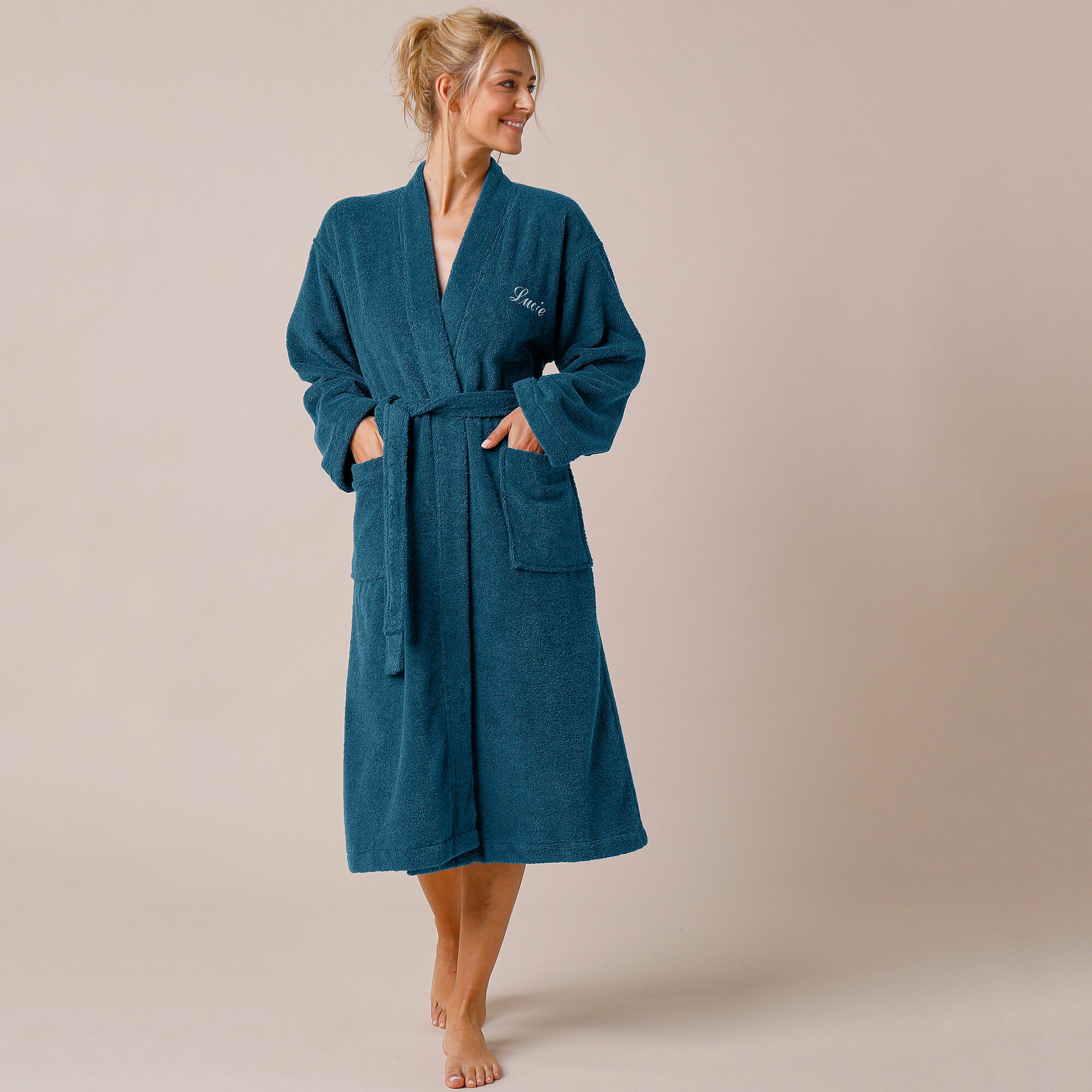 Peignoir mixte adulte uni coton éponge bouclette col kimono personnalisé