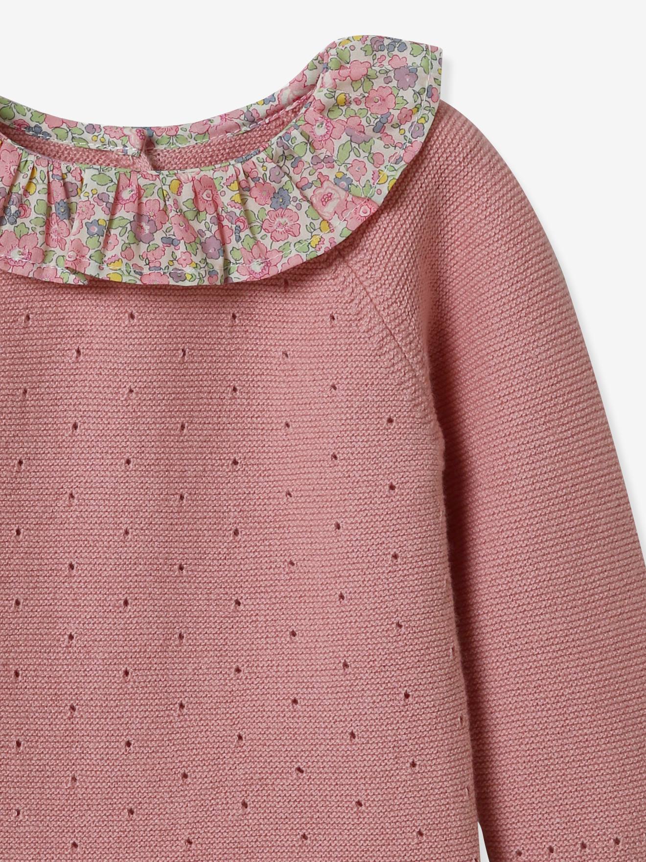 Ensemble tricot Bébé col en tissu Liberty CYRILLUS rose