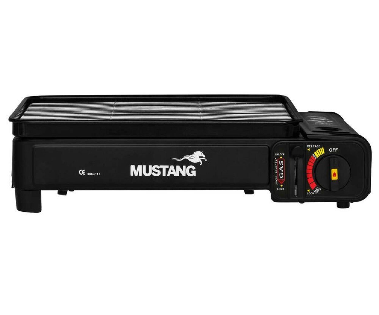 JUNG Gaskocher MUSTANG mobiler Campingkocher Gaskocher &Gasgrill inkl 4 Gaskartuschen, (2 in 1 Gaskocher, Extra groß, praktischer Transportkoffer), mit Piezo-Zündung, Extra groß - 43x28x11,2cm, mit Grillrost