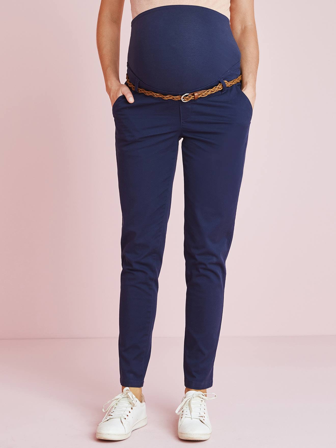 Pantalon chino grossesse entrejambe 78 cm et ceinture marine grisé
