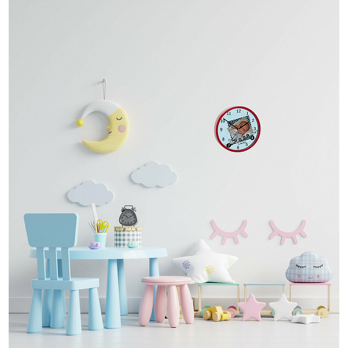 Kinder Wanduhr personalisiert mit Name Scrapbooking blau