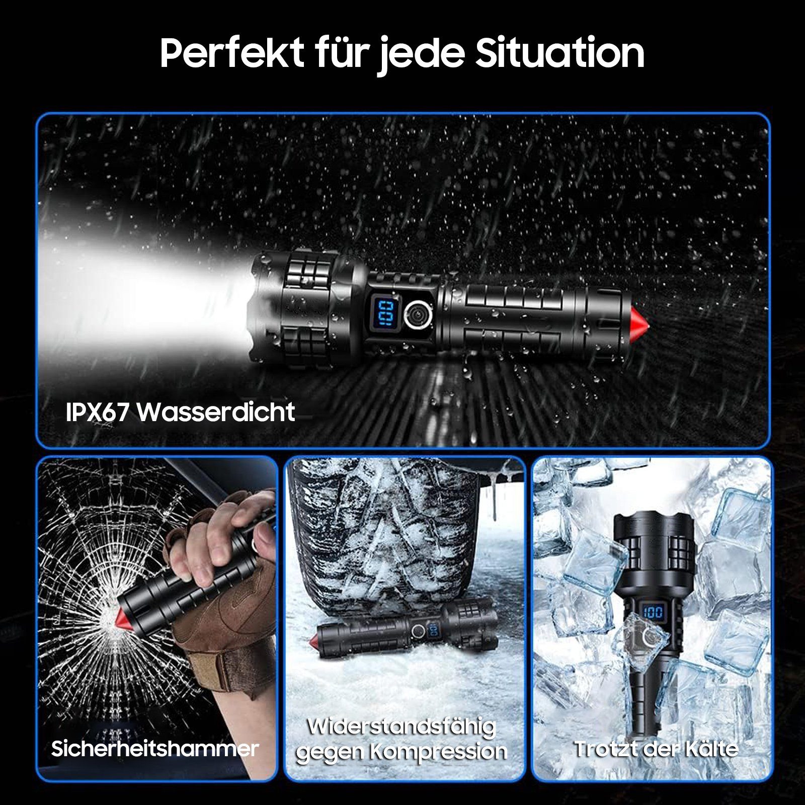 Sintech Taschenlampe Taschenlampe LED, 5 Modi Extrem Hell LED Taschenlampe Aufladbar (Leistungsstarke Handtaschenlampe für Camping), Mit Sicherheitshammer, Zoombar, wasserdicht, 5 Modi