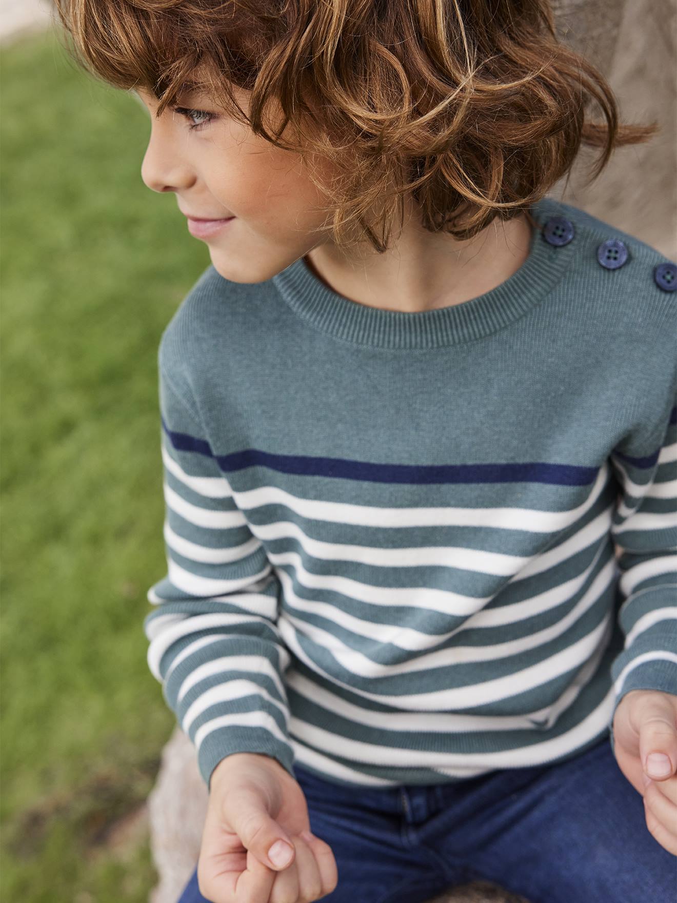 Pull marin garçon ivoire rayé rouge et marine