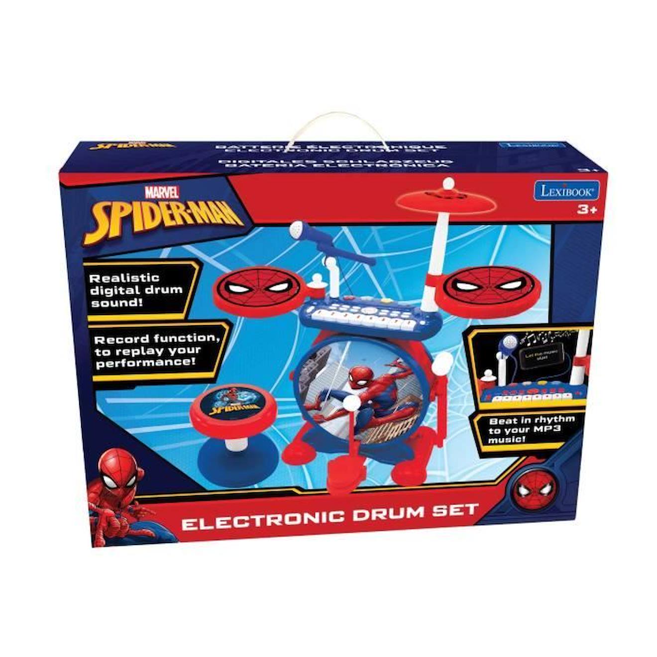 Batterie Electronique SpiderMan Lumineuse Complète avec clavier, cymbales et tabouret Spider-Man rouge