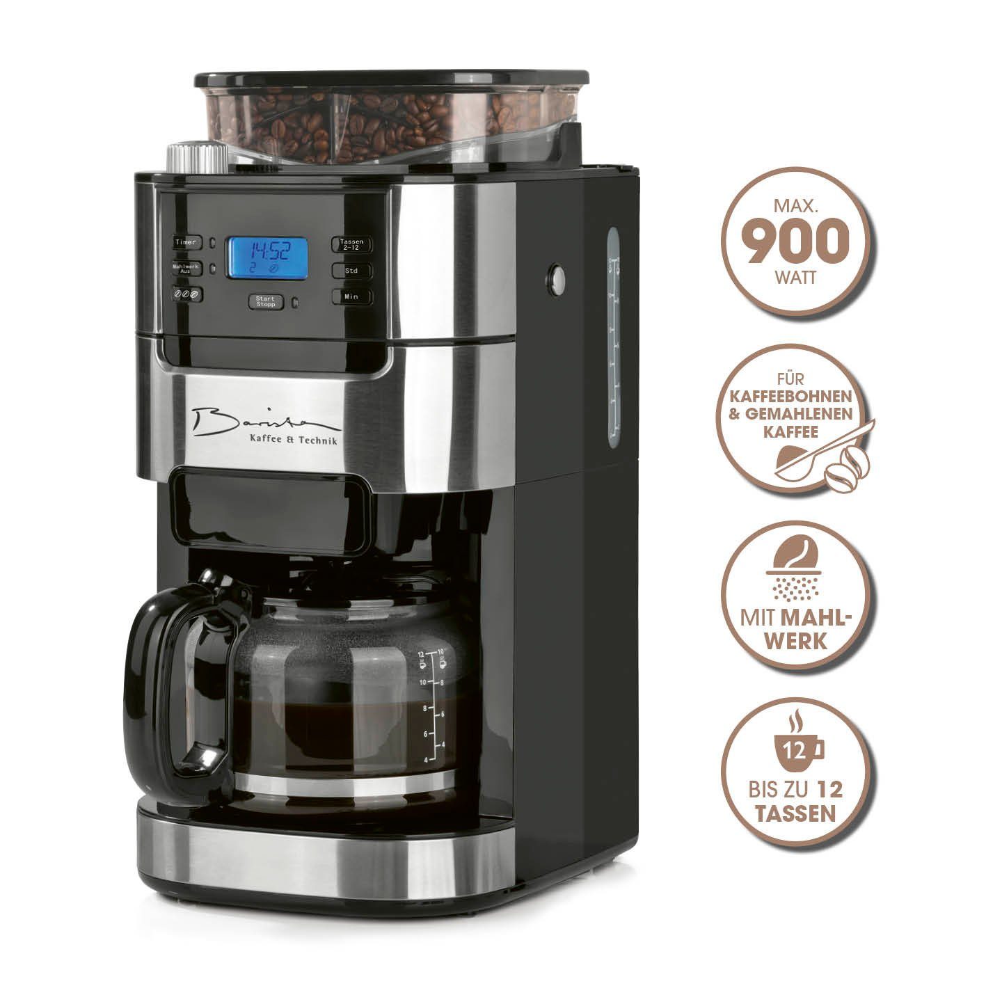 Barista Kaffeemaschine mit Mahlwerk inkl. Glaskanne 12 Tassen für Bohnen & Pulver, 1.5l Kaffeekanne, 900W Edelstahl/Schwarz