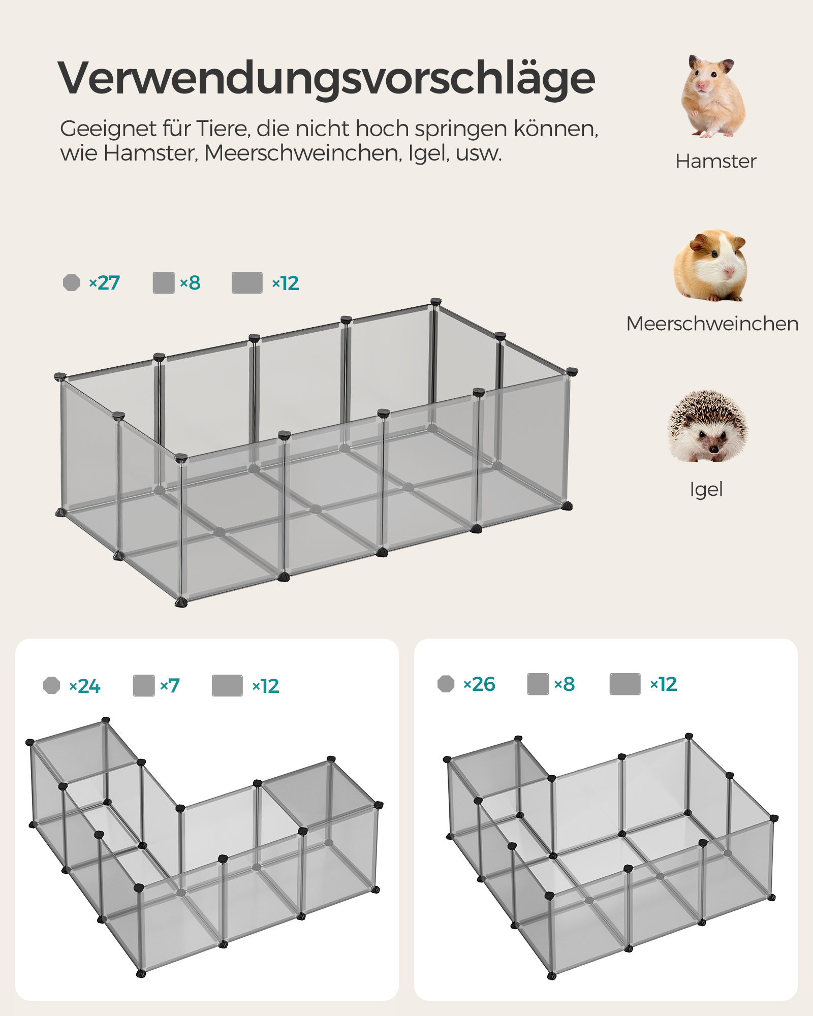 SONGMICS Freigehege SONGMICS L-XL Freigehege mit Bodenplatten grau 1,43 m, 73 cm, 46 cm